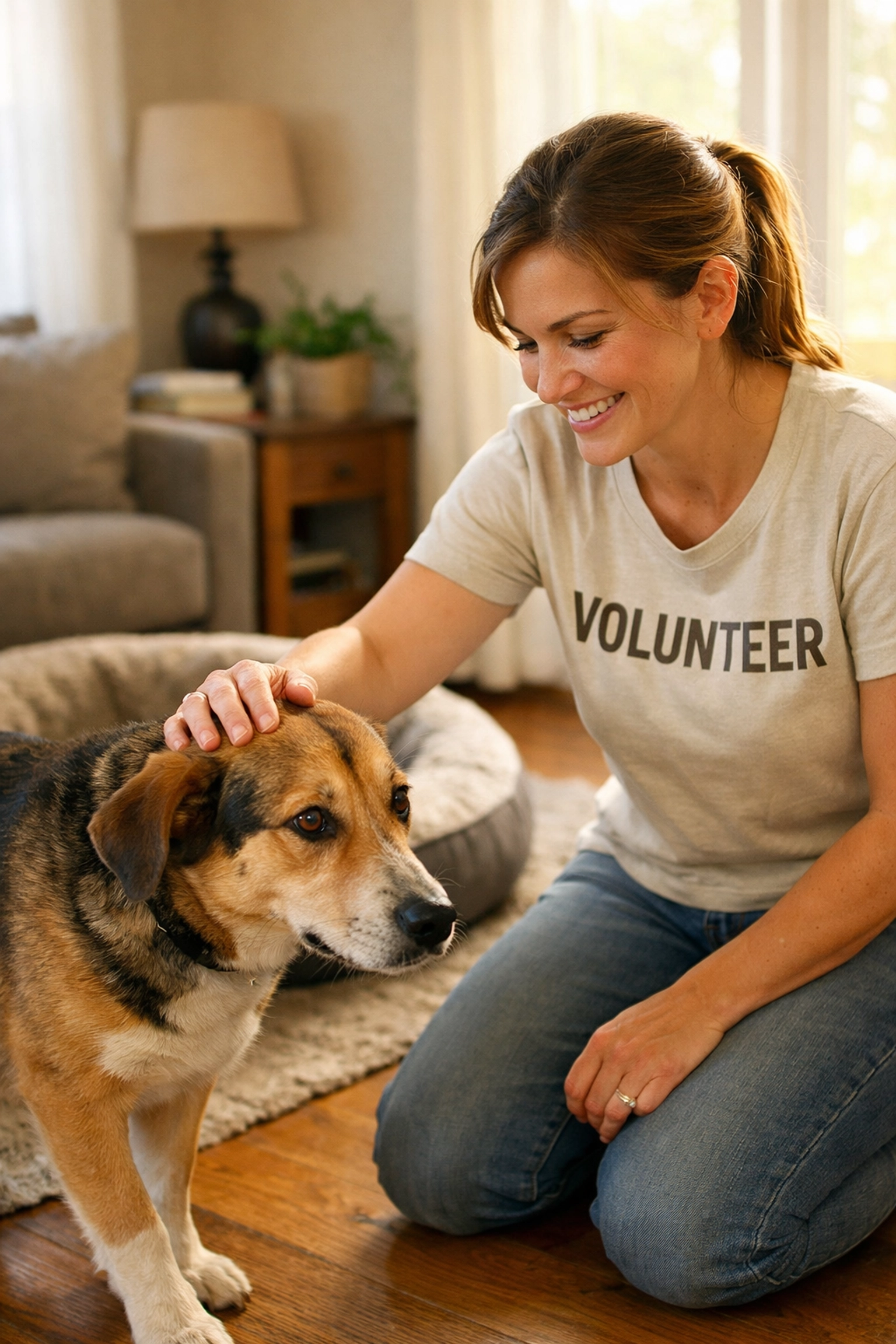 Volunteer kneeling to greet nervous rescue dog in cozy living room during first foster experience