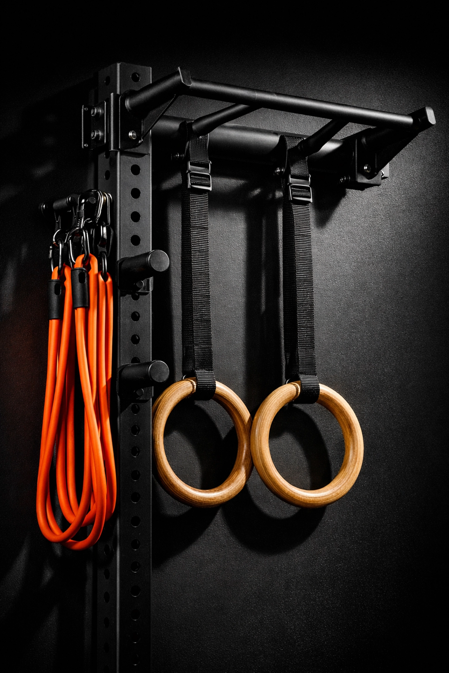 The Bold Body Fitness Resistance Rail with gymnastic rings and bands for a complete full body workout at home.