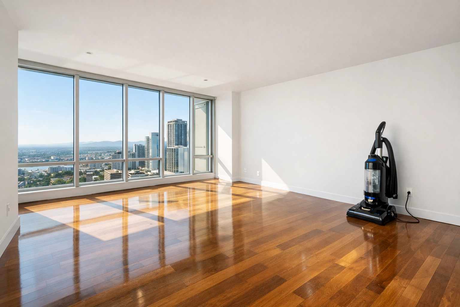 Sunlit empty apartment living room with a vacuum, demonstrating a unit ready for market.