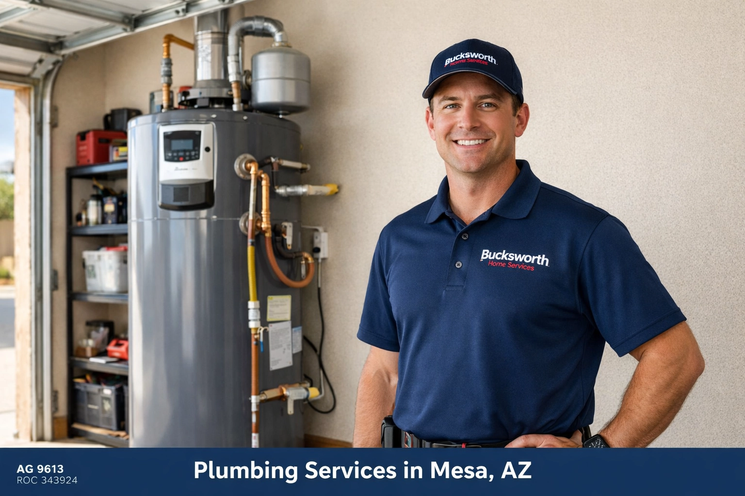 Bucksworth technician standing next to a newly installed high-efficiency water heater in a Mesa home.