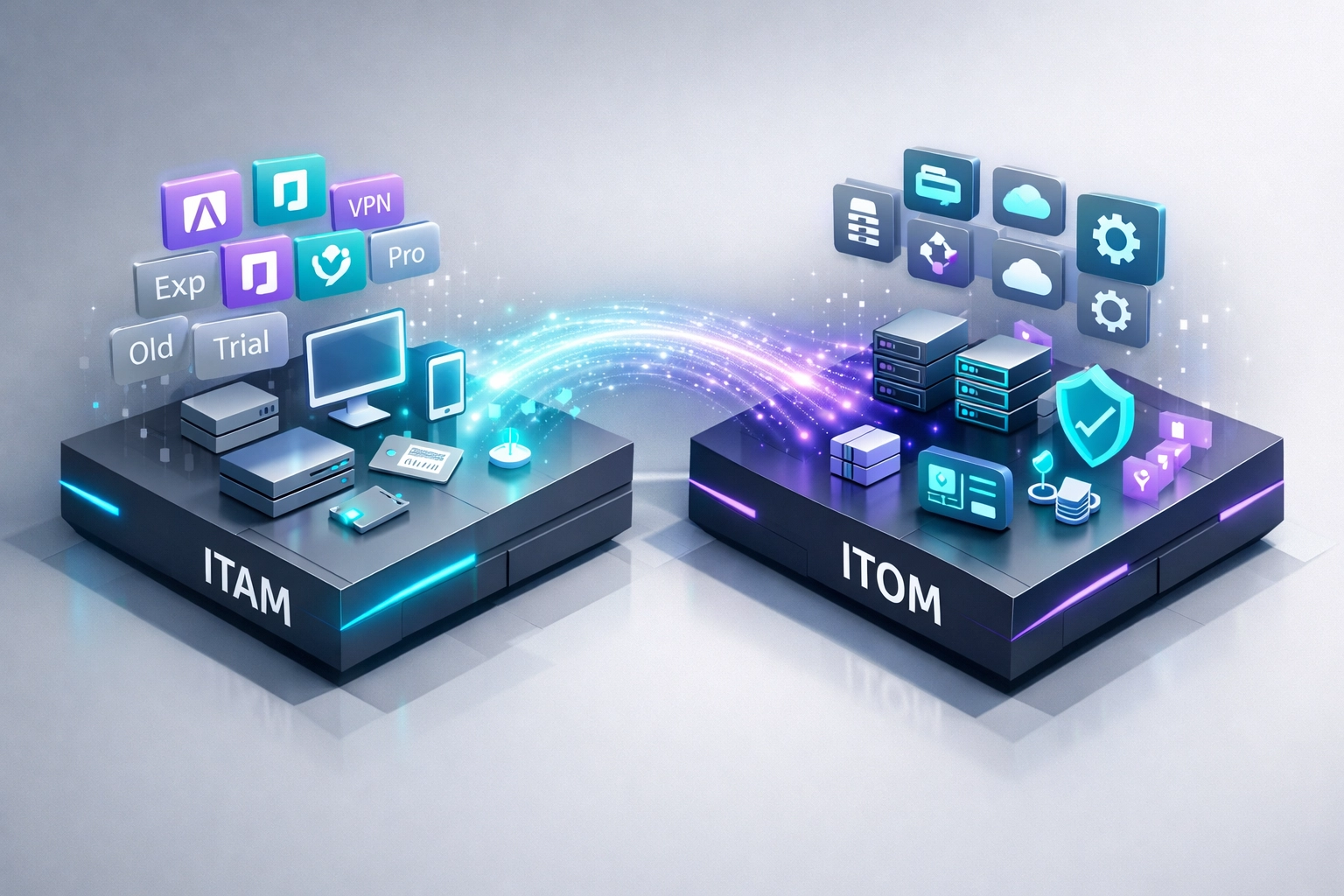 ITAM and ITOM integration visualization showing seamless data flow between ServiceNow systems