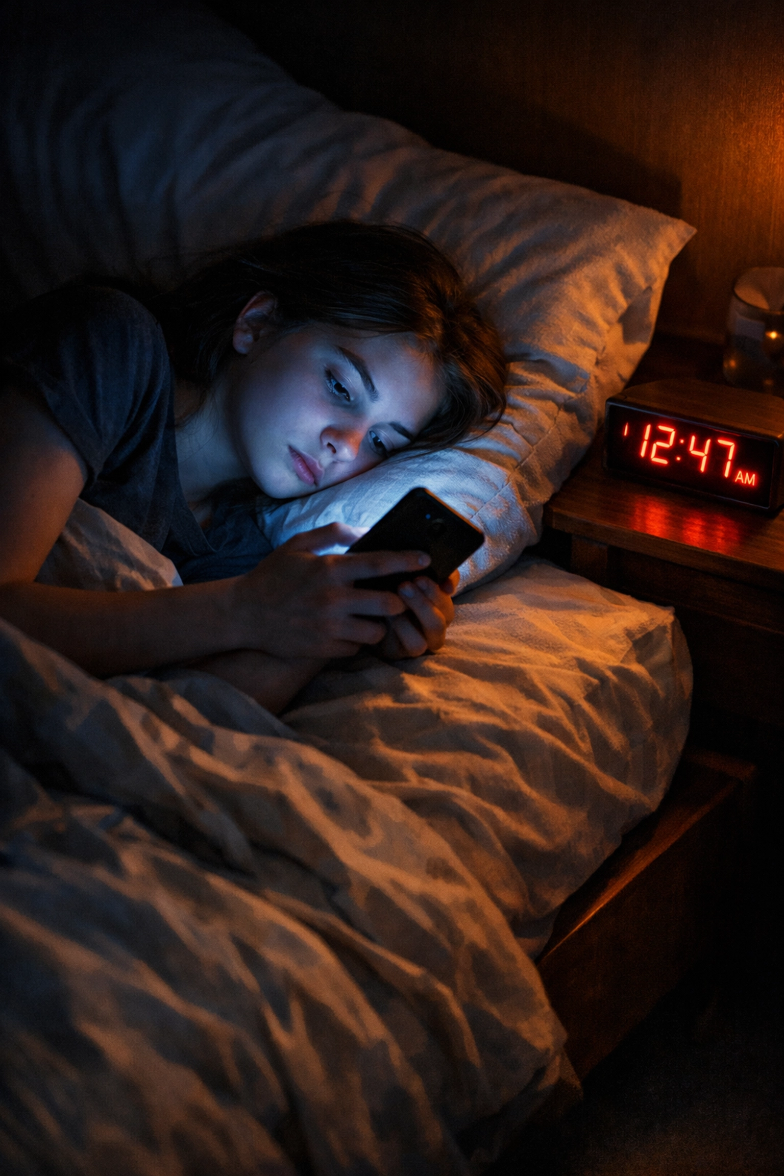 Teen girl using smartphone in bed late at night showing signs of social media sleep disruption