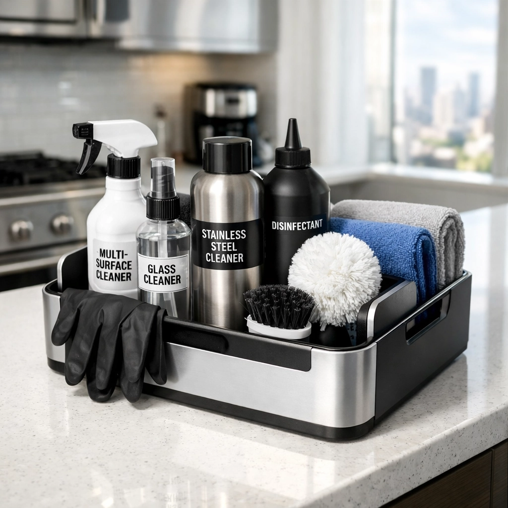 Professional cleaning kit on a modern kitchen island, symbolizing high-quality property turnover services.