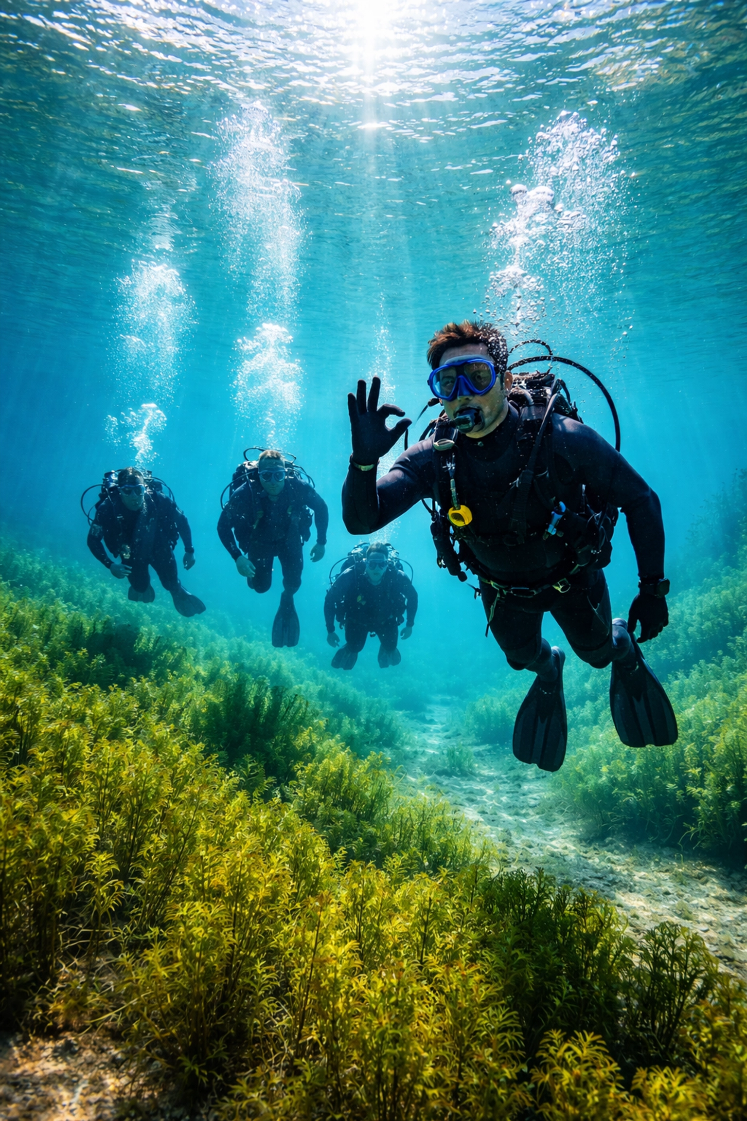 Divemaster führt Tauchgruppe durch Goitzschesee, demonstriert professionelle Führung beim Sporttauchen