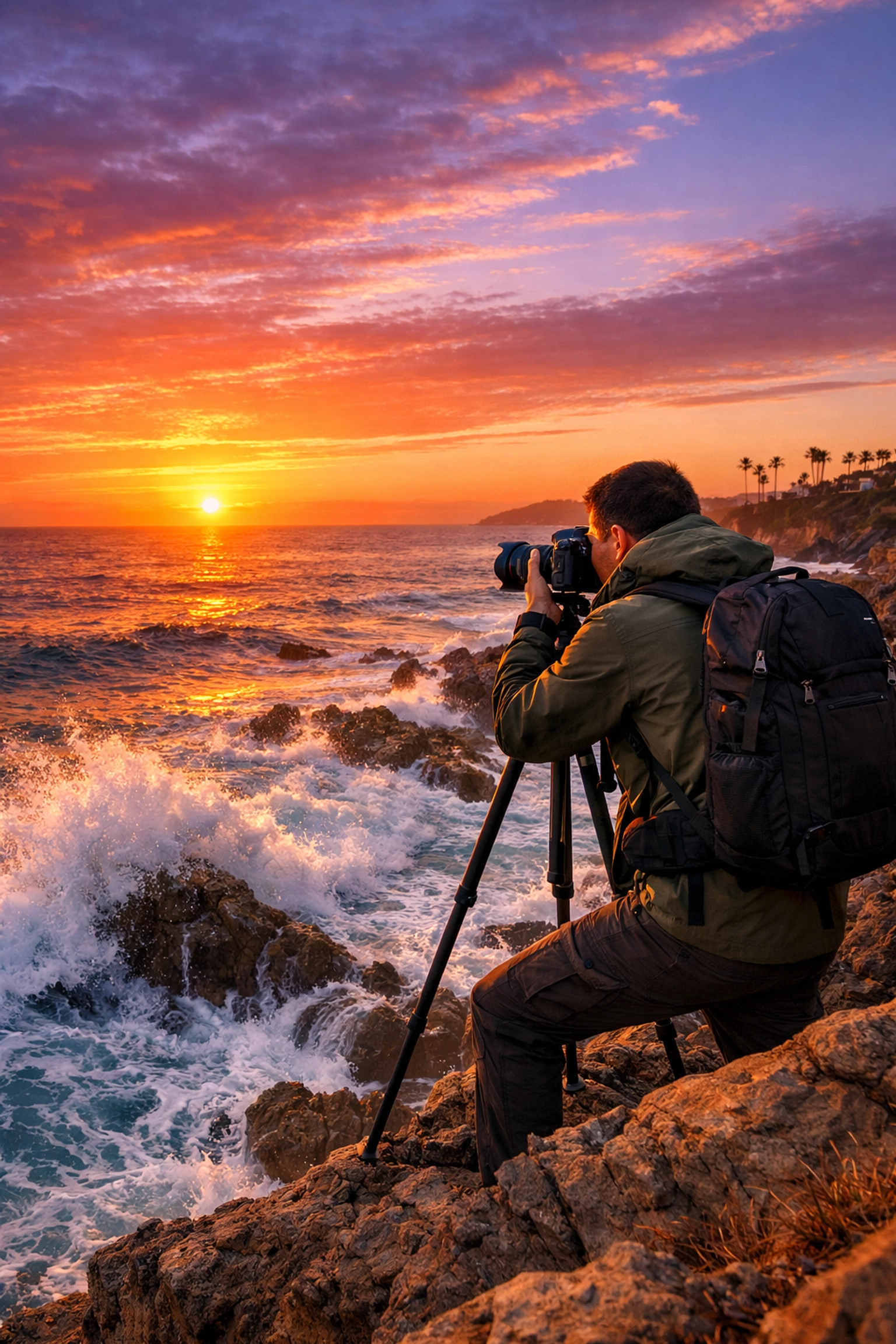 Traveling photographer capturing the sunset at Laguna Beach cliffs during golden hour.