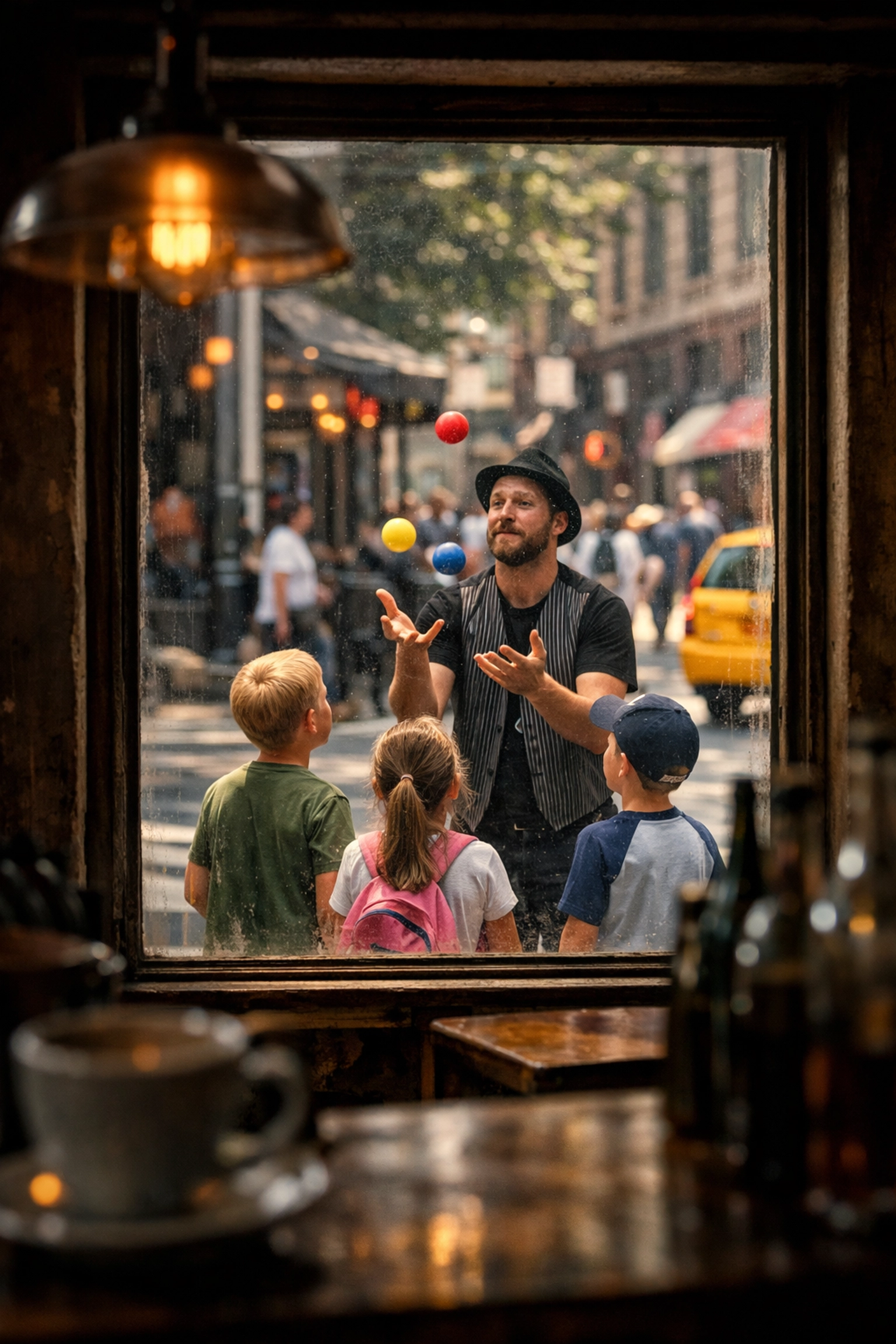 Creative street photography ideas using a coffee shop window to frame a city sidewalk scene.