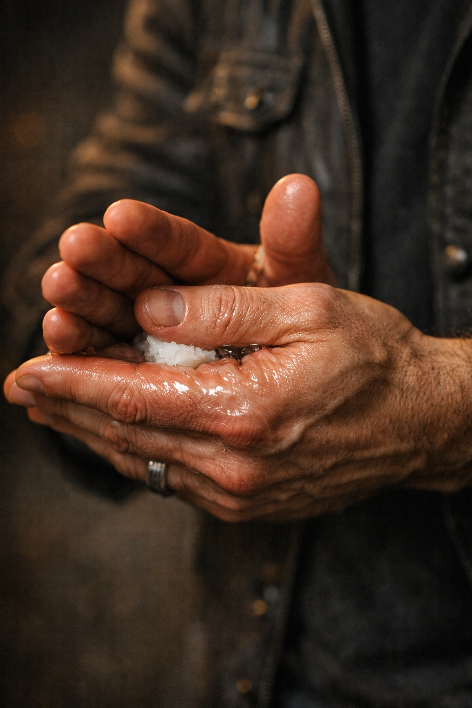 Warming a small amount of premium beard wax between palms for a smooth and even application.