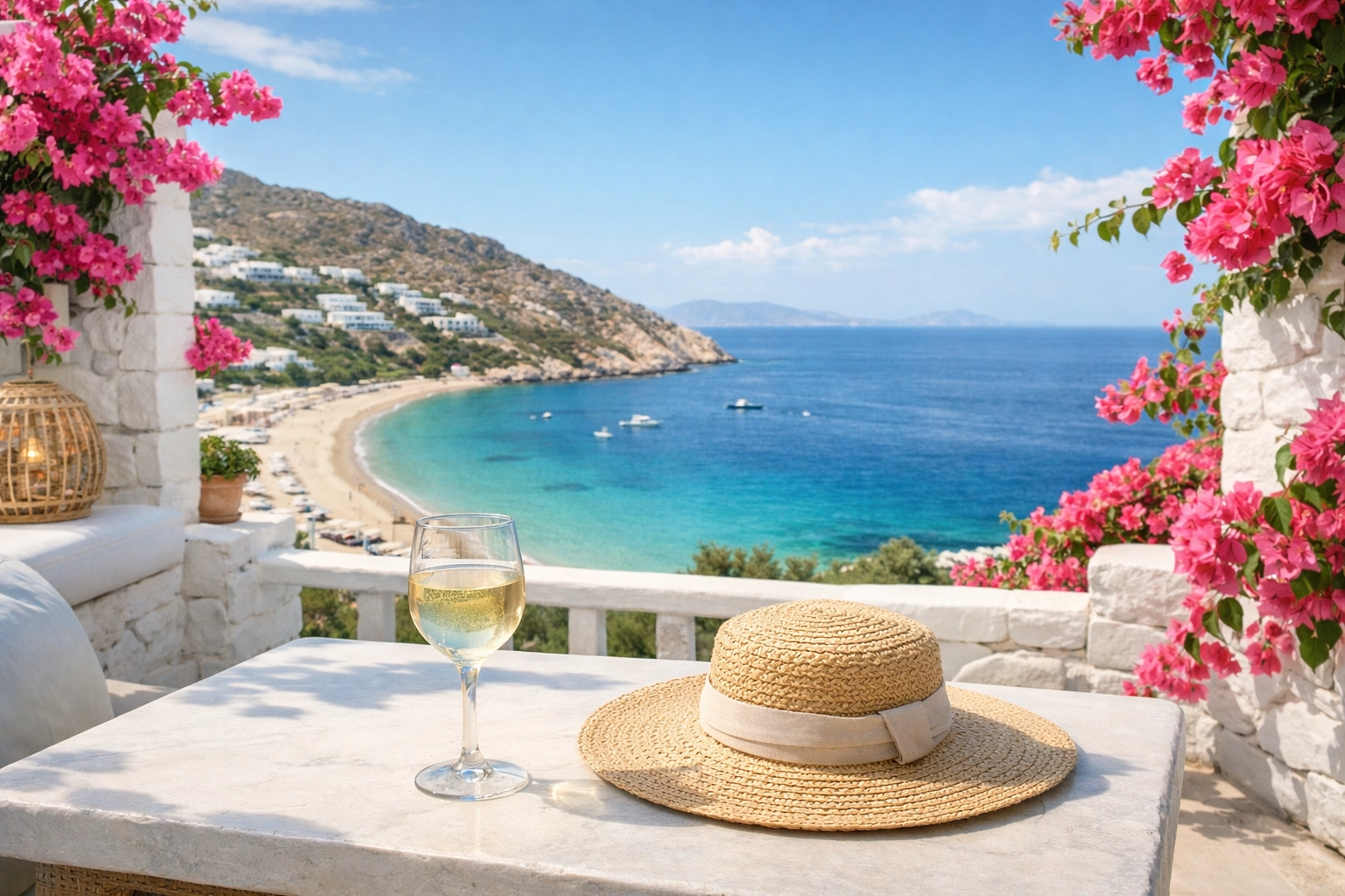 A luxury Greek villa terrace with bougainvillea overlooking a private sandy beach and blue bay for a tailor-made trip.