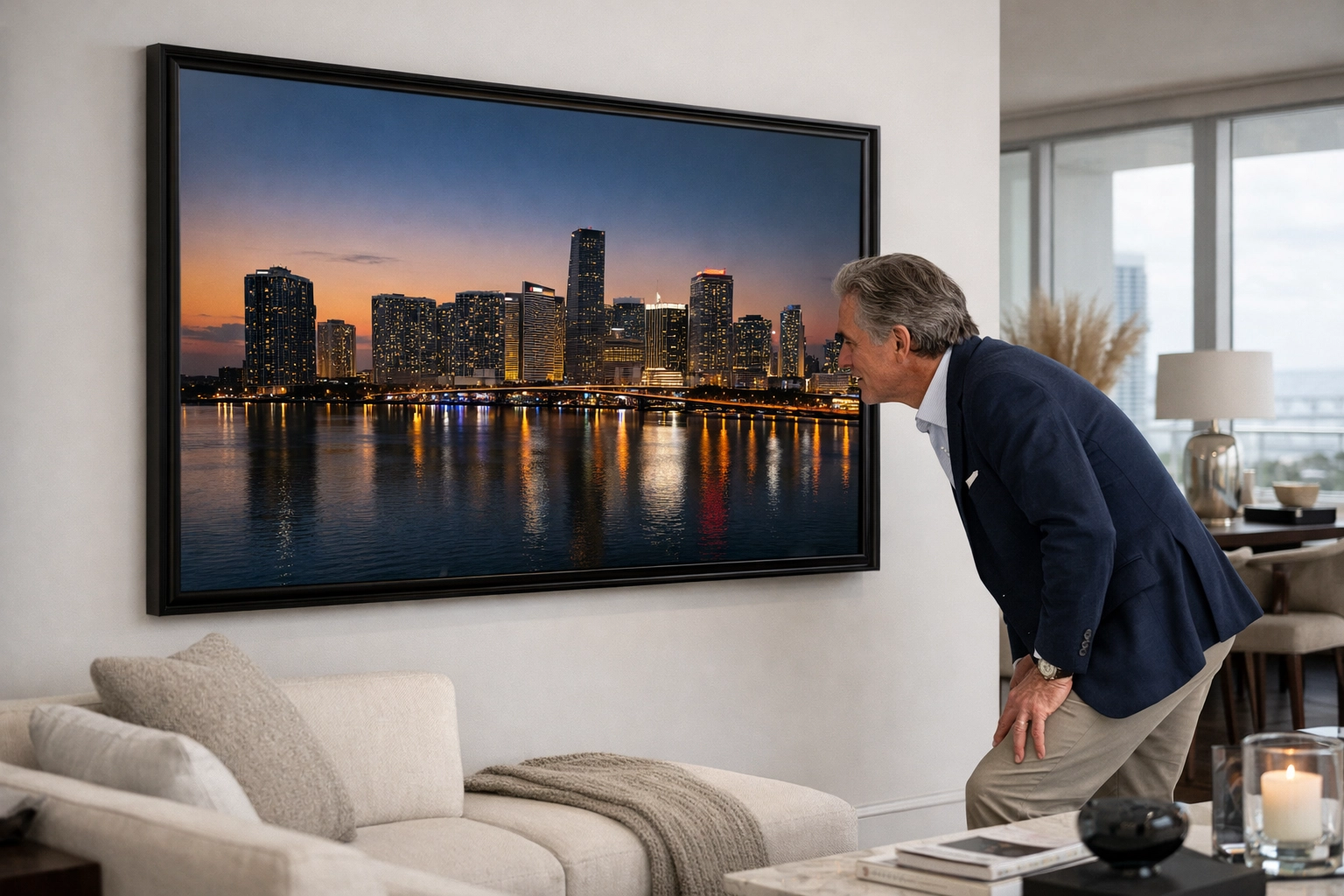 Collector inspecting a framed limited edition photography print of Miami in a luxury penthouse gallery.