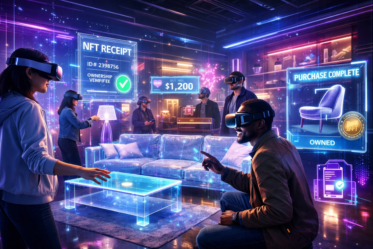 Shoppers using VR headsets browse holographic products with NFT receipts in metaverse retail environment