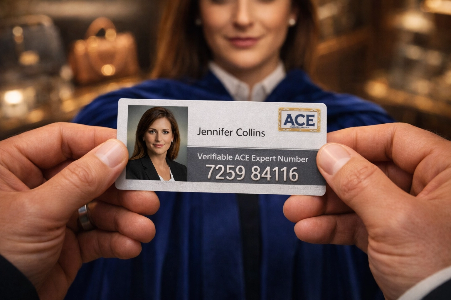A human authentication expert in a professional blue cape holding a verifiable ACE Expert Number identification card.