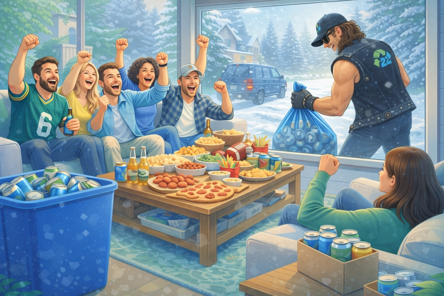 Friends watching football with Empteez recycling box