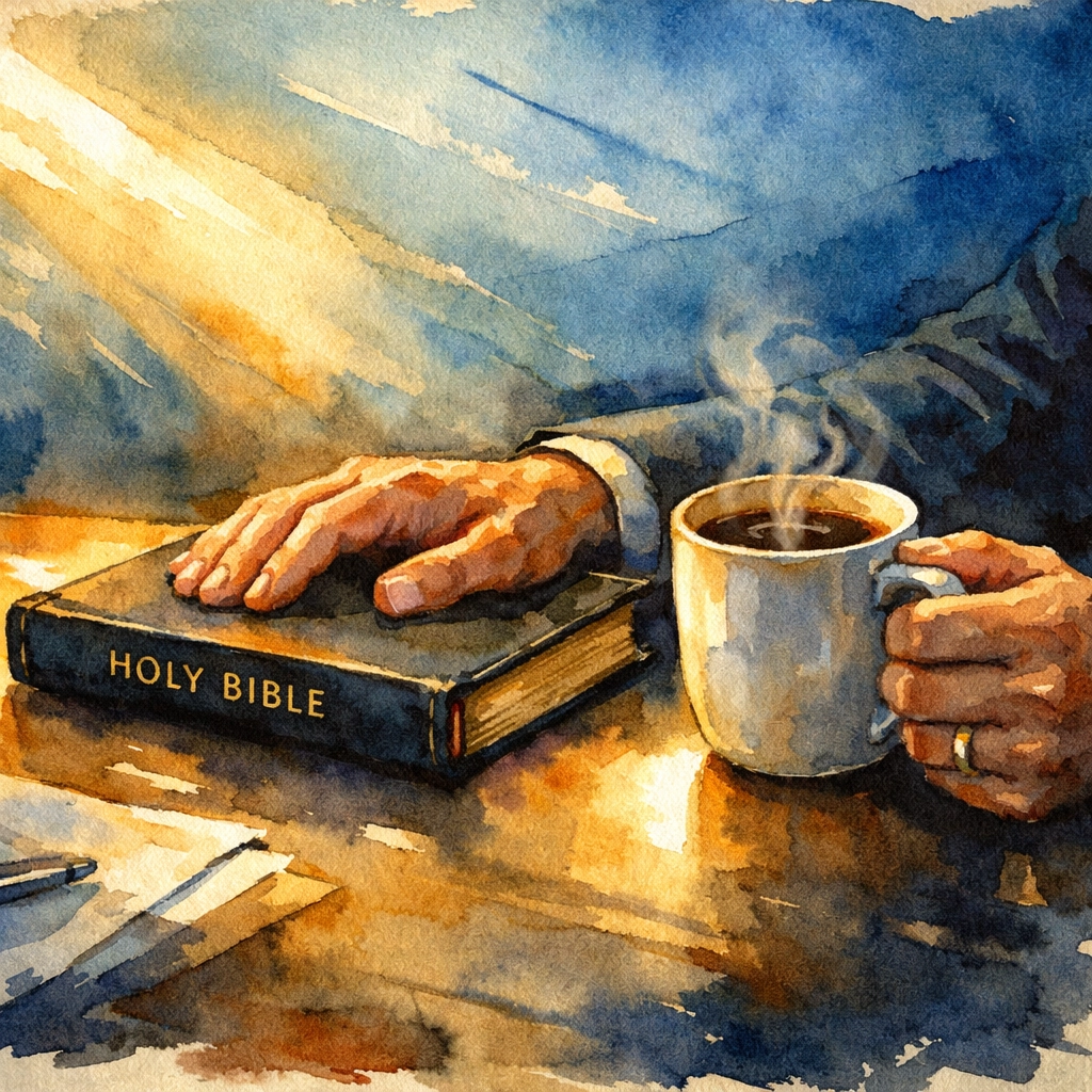 Christian leader resting hands on a Bible for spiritual peace by Dr. Layne McDonald - www.laynemcdonald.com