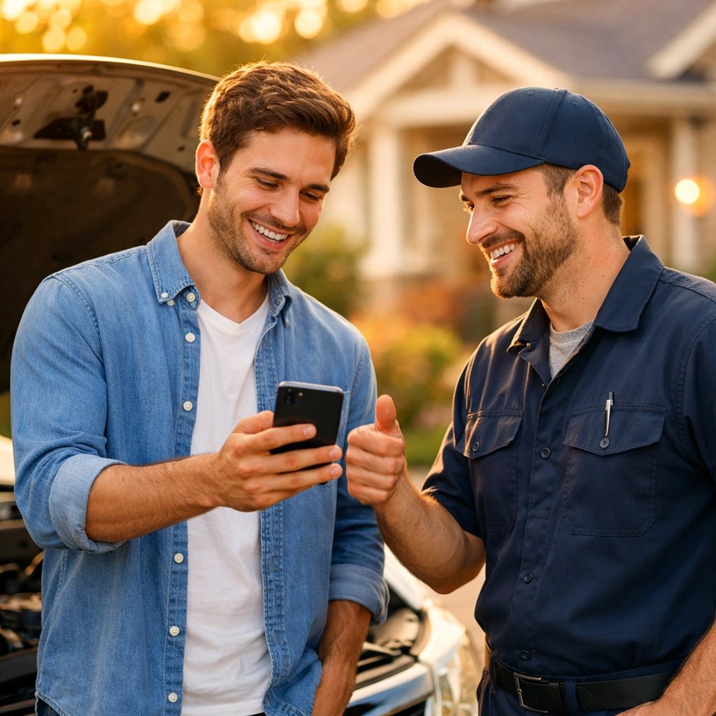 Man solving a car repair emergency using a fast cash emergency loan in Canada.