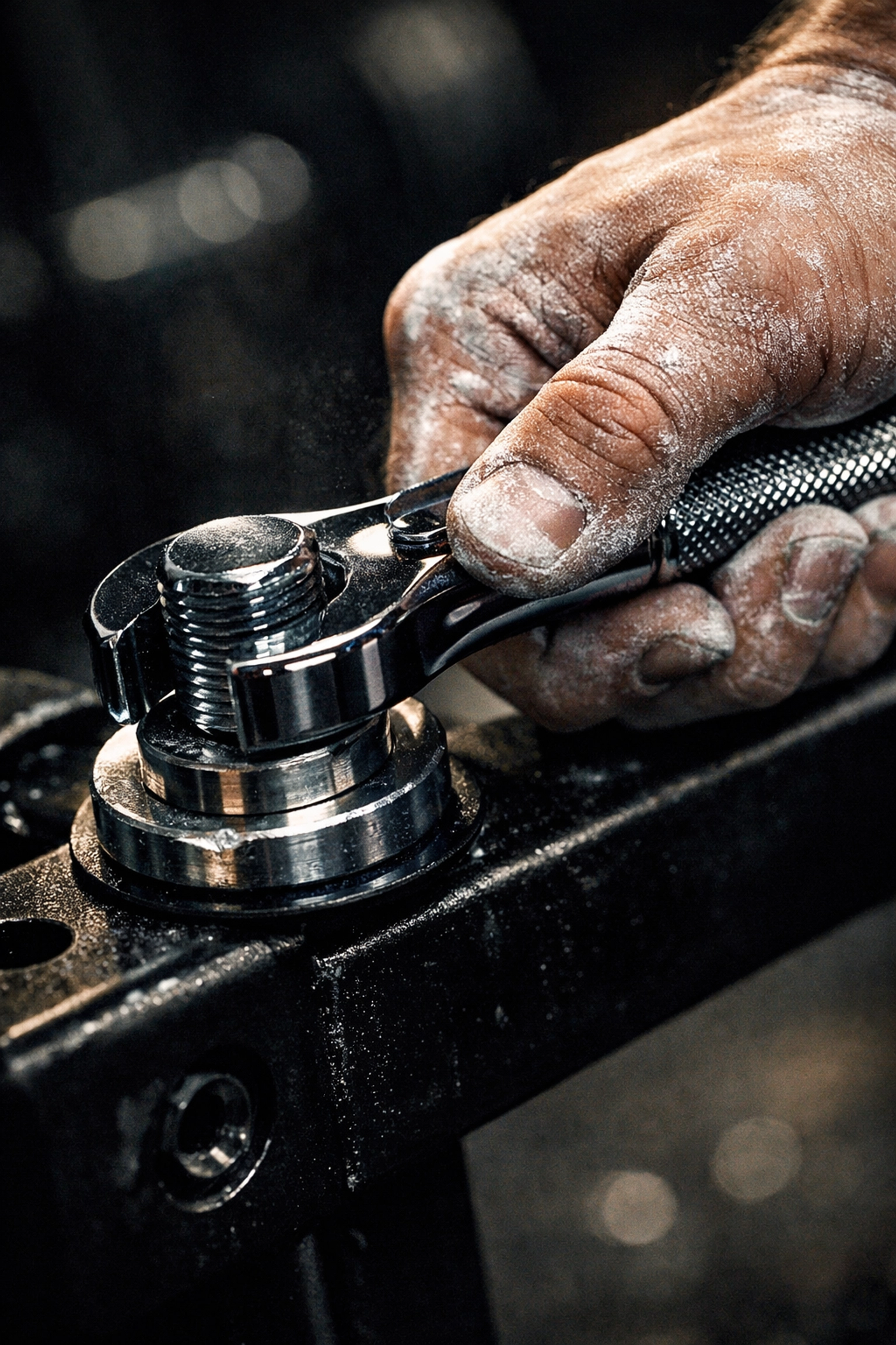 Athlete performing regular safety checks by tightening bolts on a steel home gym rail.