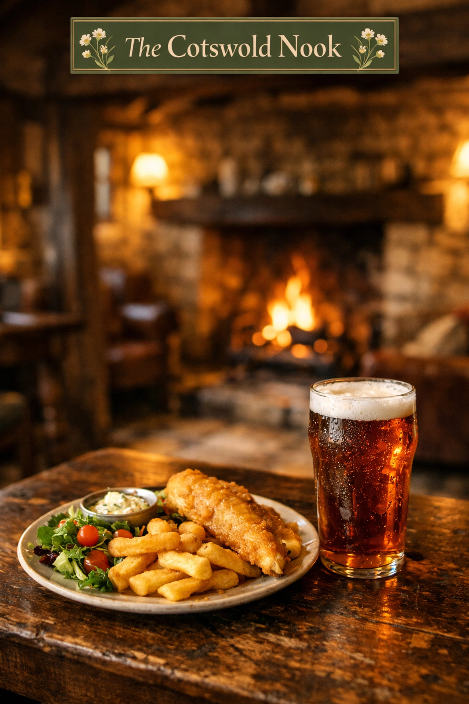 Interior of a historic Chipping Campden pub with oak beams, flagstone floors, and local gastropub food.