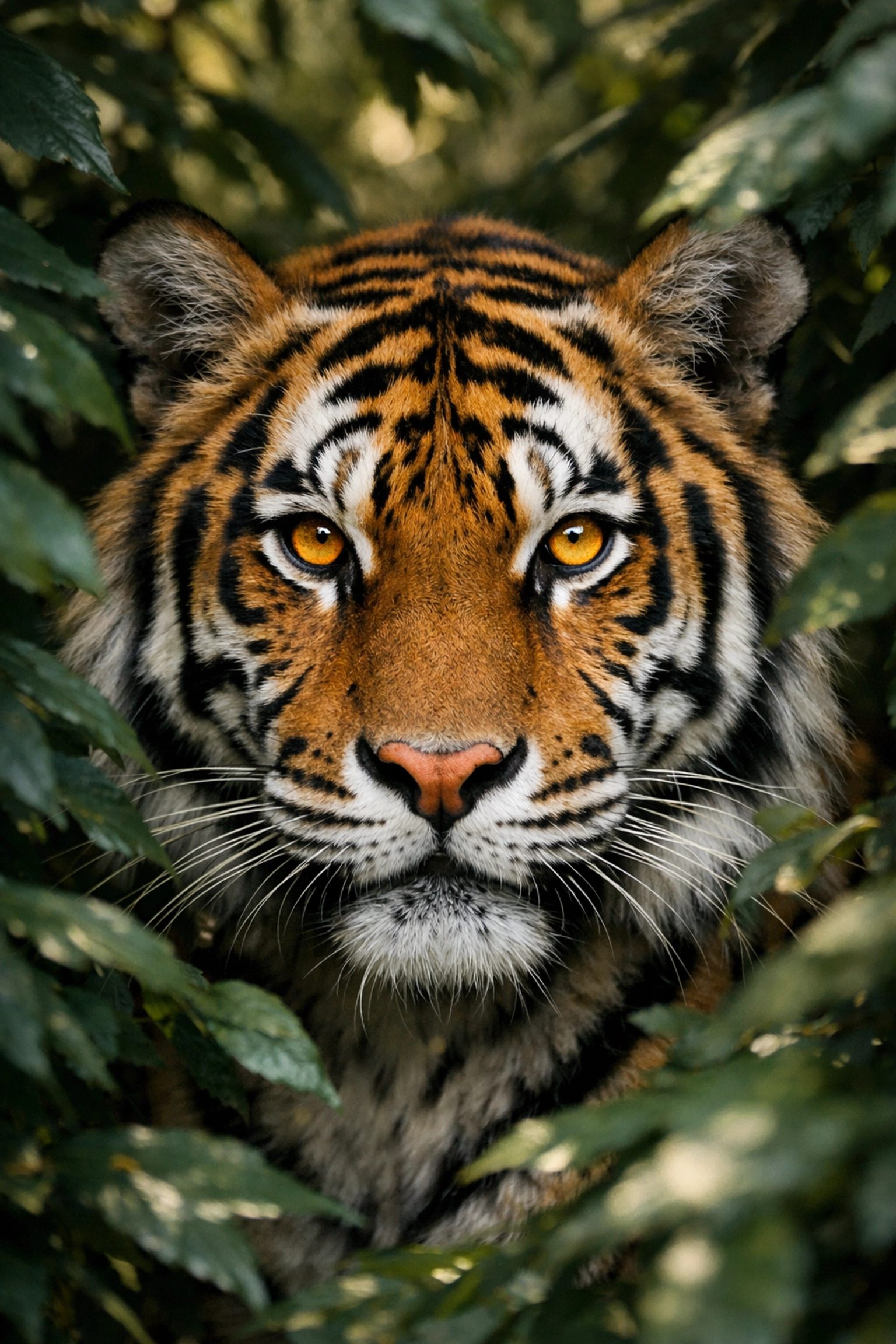 A Bengal tiger making direct eye contact through foliage to create an emotional connection with viewers.