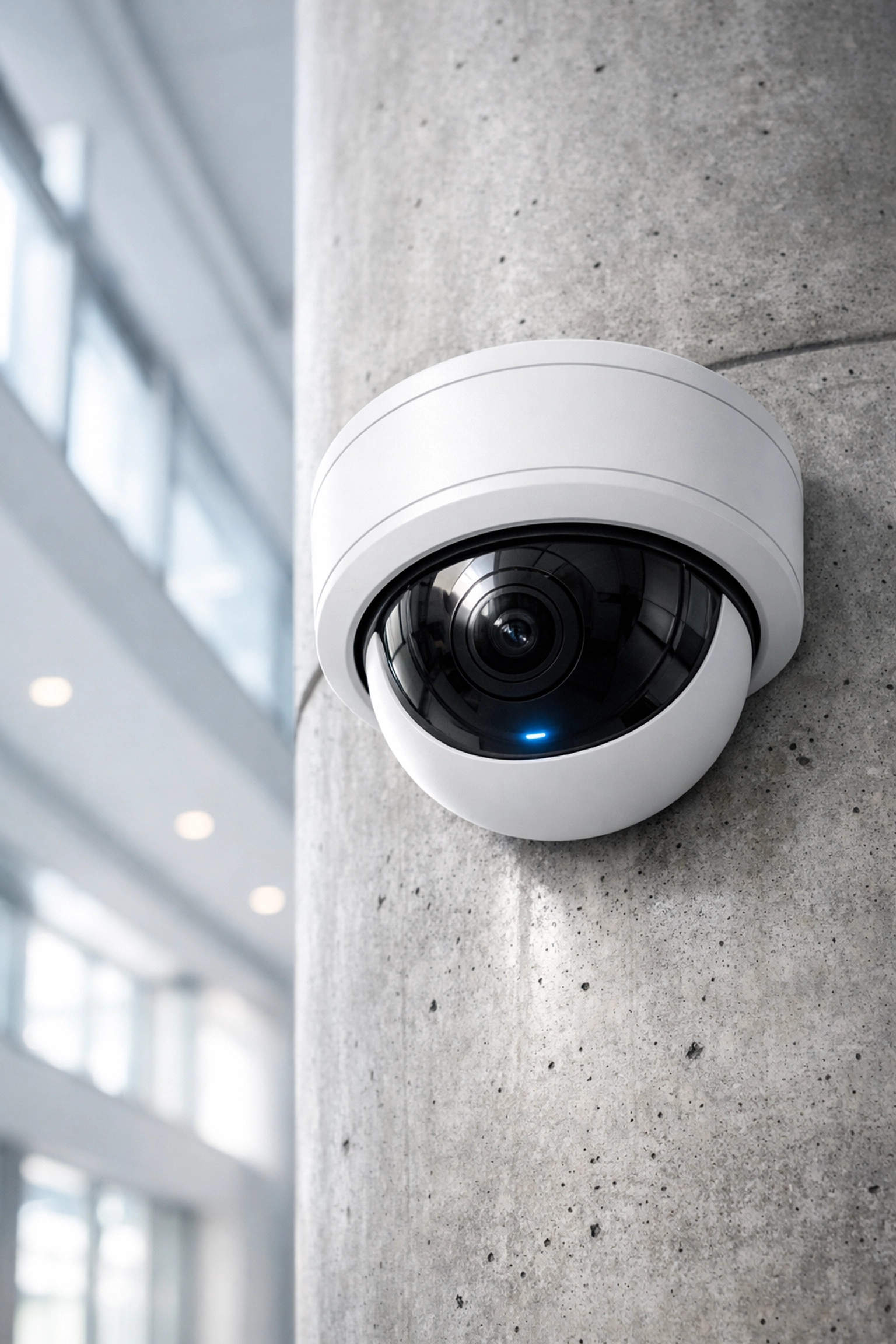 Discreet 360-degree smart security camera providing AI-powered surveillance in a modern commercial building.