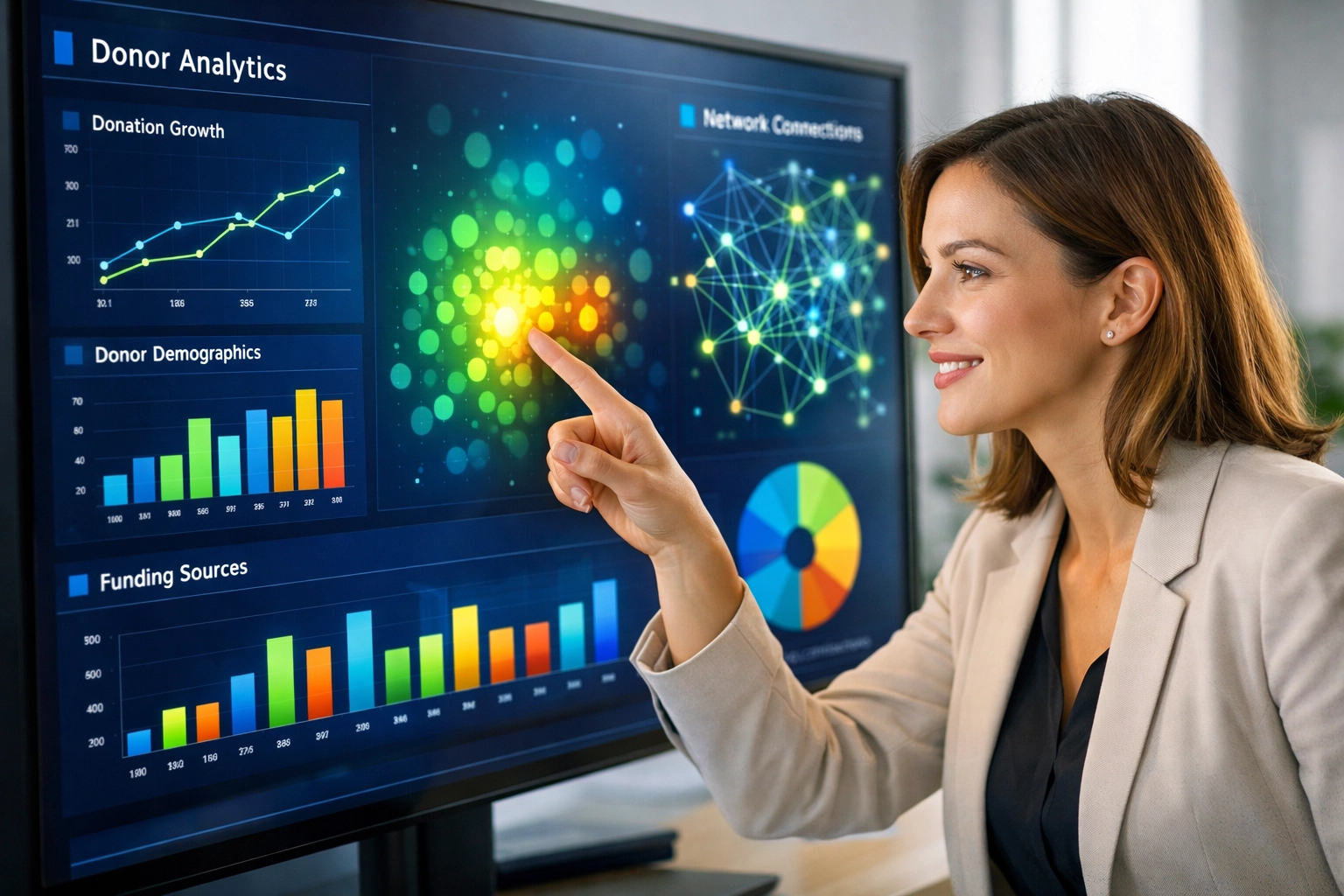Nonprofit professional analyzing donor data and prospect research with AI tools