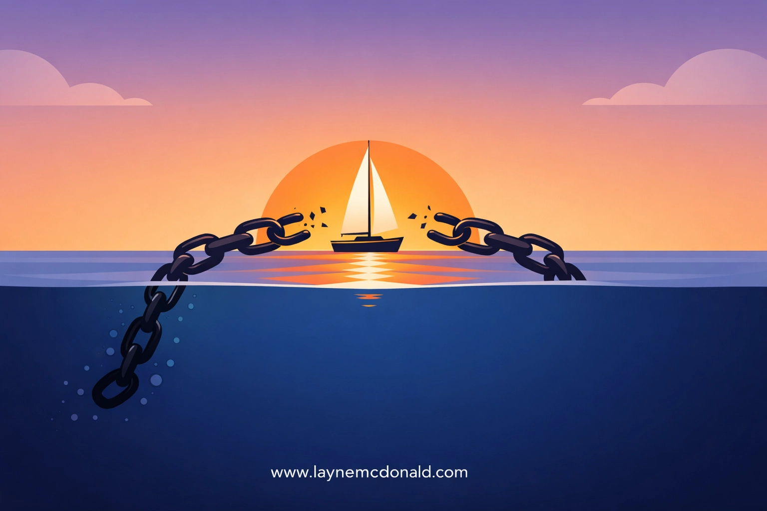 A sailboat moving toward a sunrise with broken chains symbolizing the freedom found in deep faith.