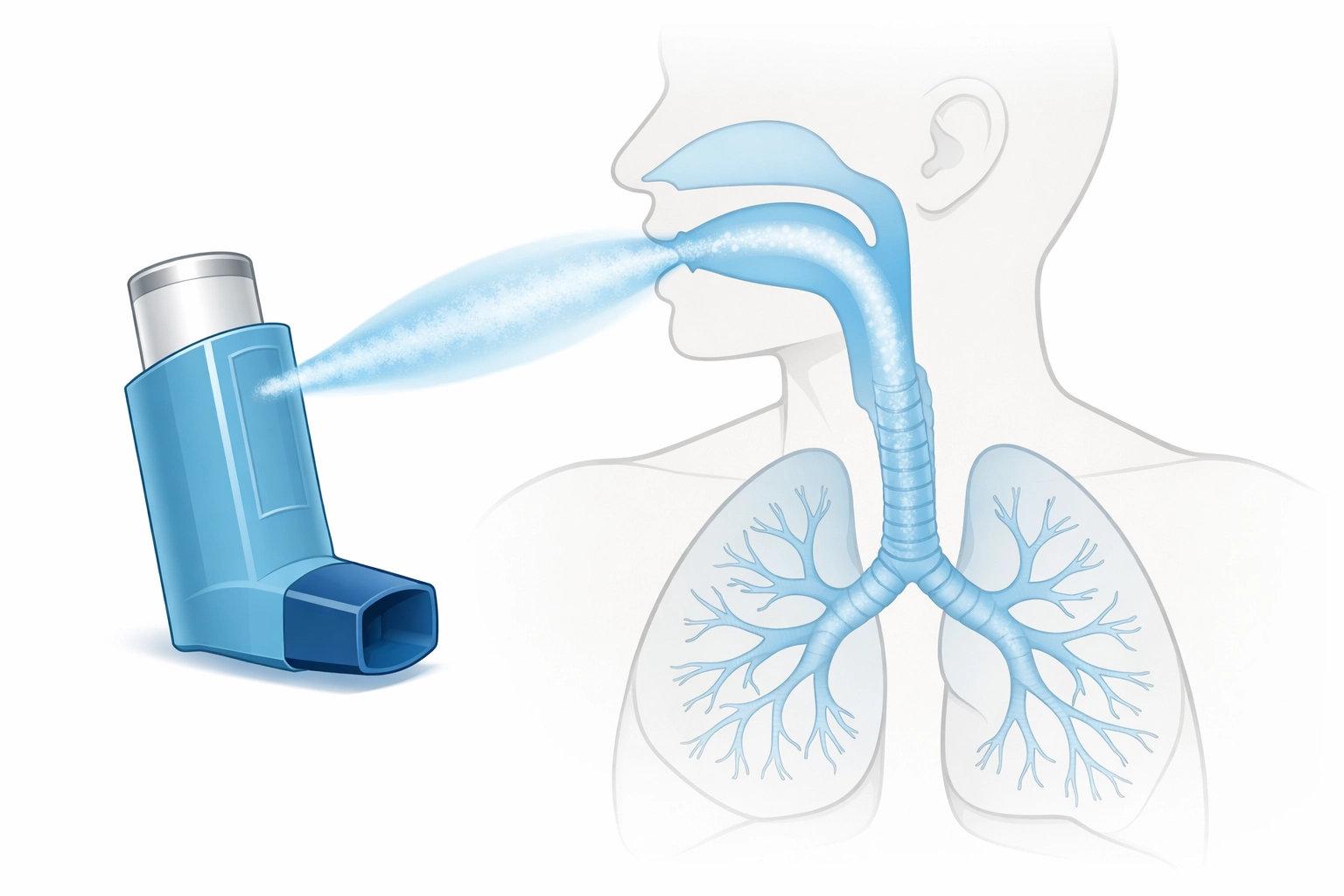 Medical illustration of inhaler technique and airway medication delivery for asthma management