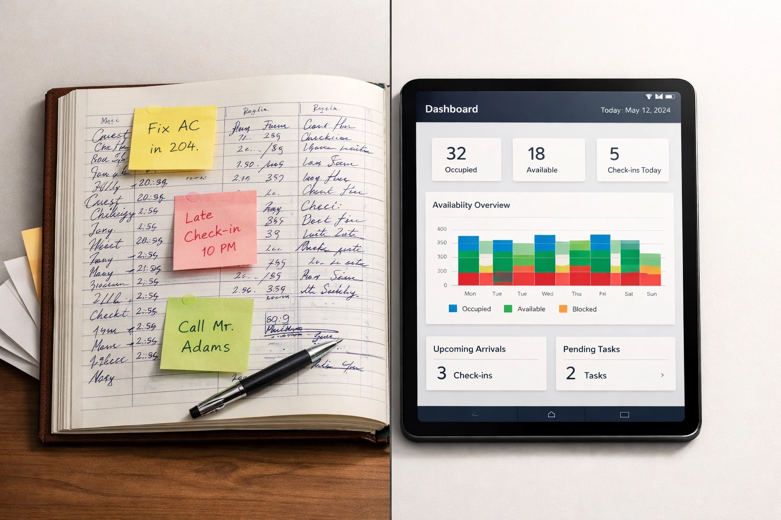 Comparison of traditional hotel logbook versus modern cloud-based PMS dashboard