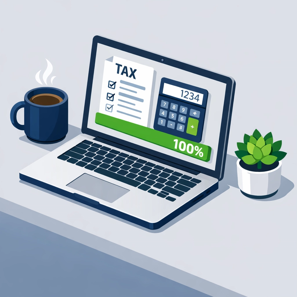 Digital tax filing illustration showing progress on a 1040 form using IRS Free File software.