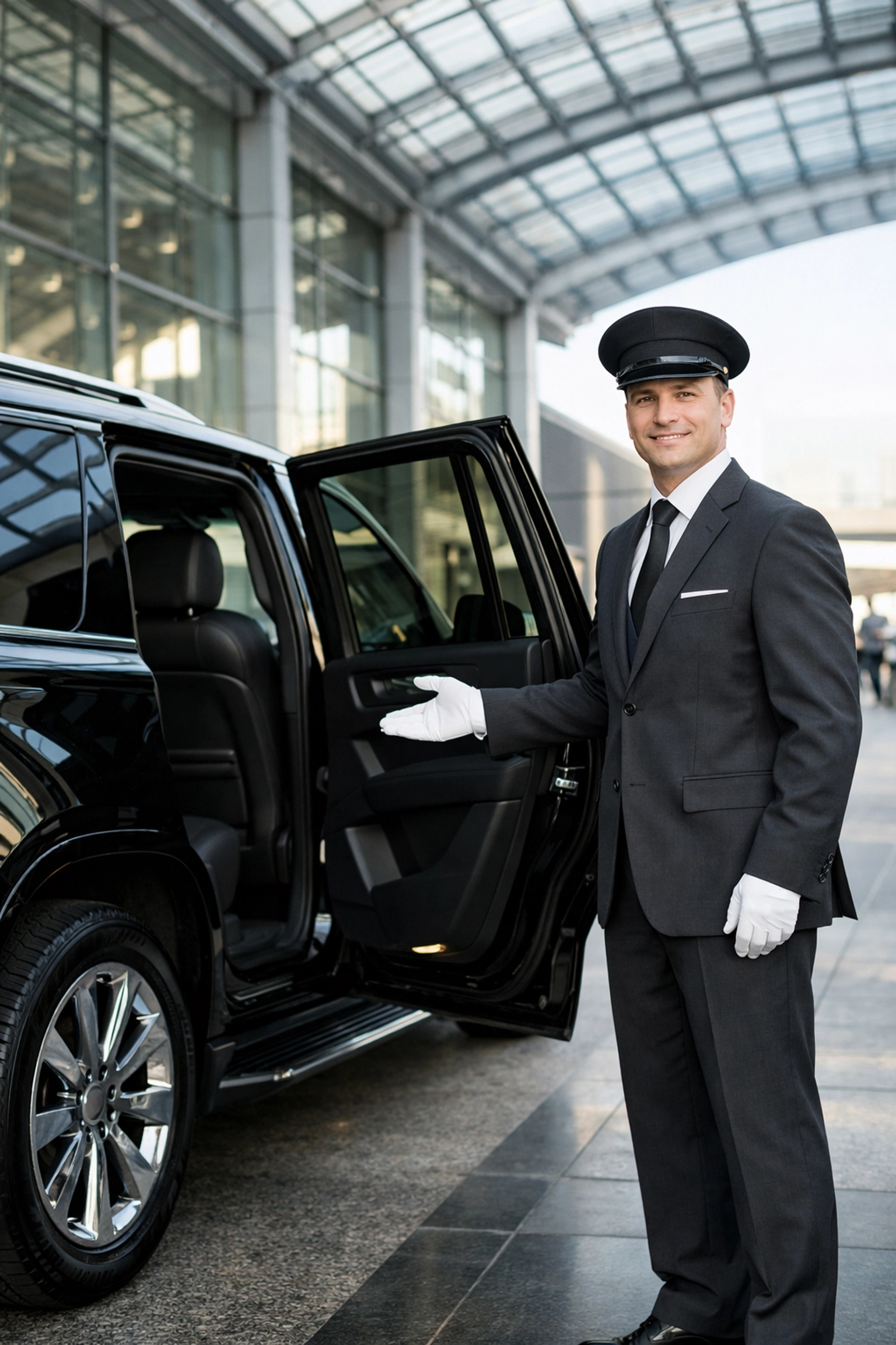 Professional chauffeur with a luxury SUV at the airport, providing white-glove VIP arrival service.