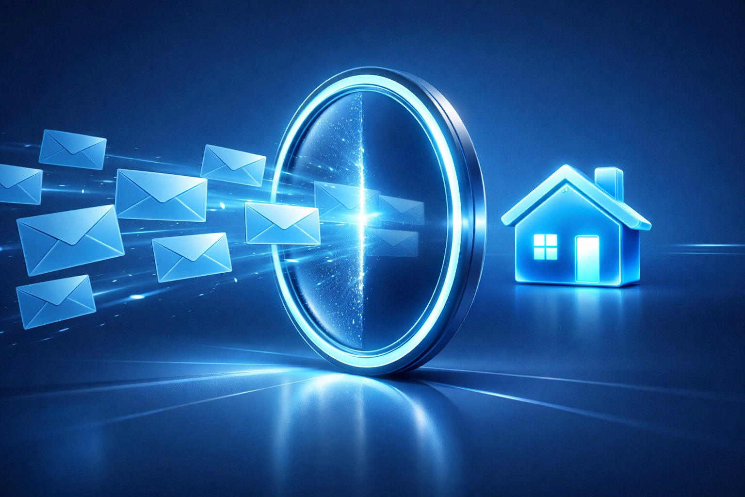 Digital filter sorting mail into a house icon representing precision real estate targeting.