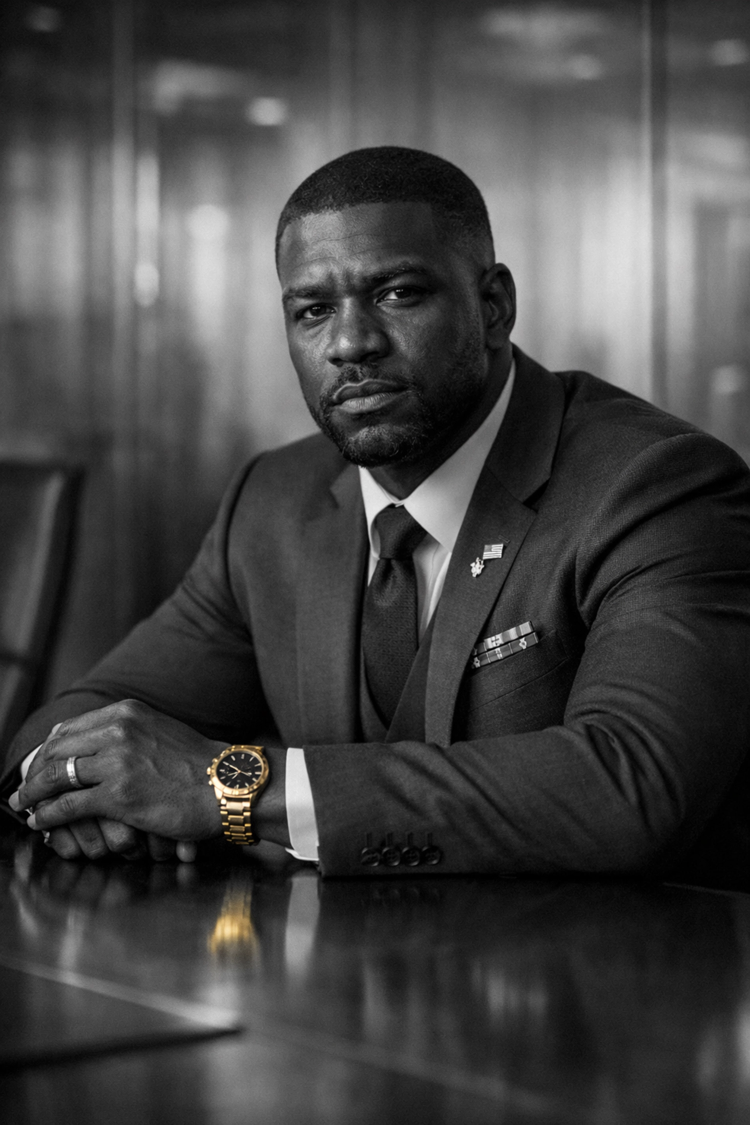 Black male veteran in a business suit reflecting on workplace microaggressions in a modern boardroom.