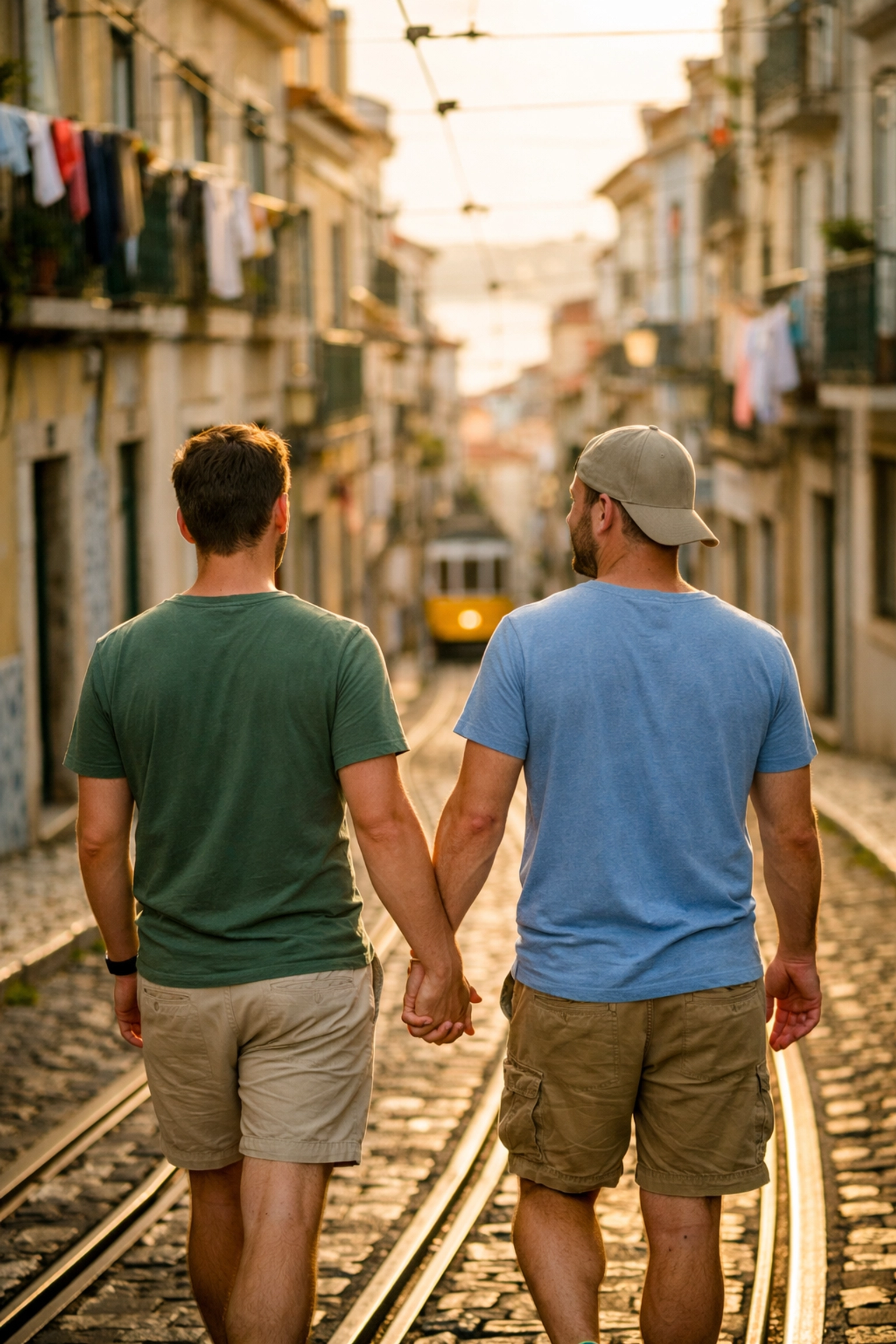 Gay men holding hands openly in Lisbon's historic Alfama district Portugal