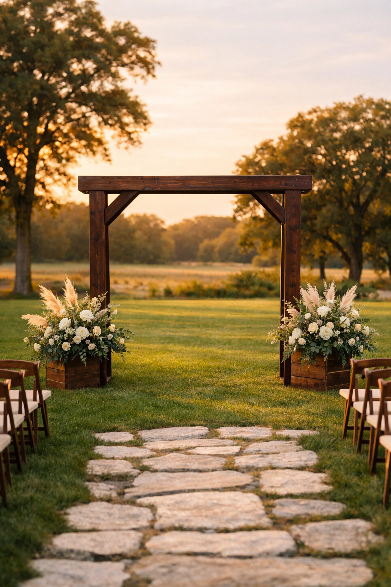Handcrafted dark wood wedding arch rental at a serene outdoor ceremony site in Northern Indiana.