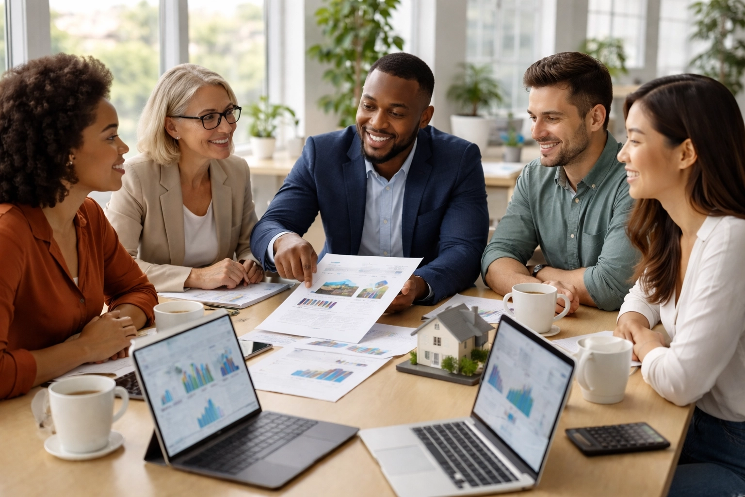 Photorealistic diverse real estate investors collaborating in a modern meeting room while reviewing rental analytics on a laptop and printed charts