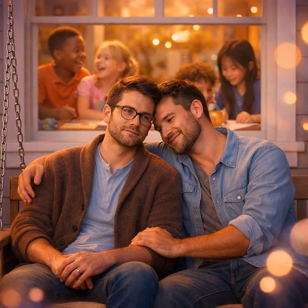 Two men share found family moment with magical children in MM romance story