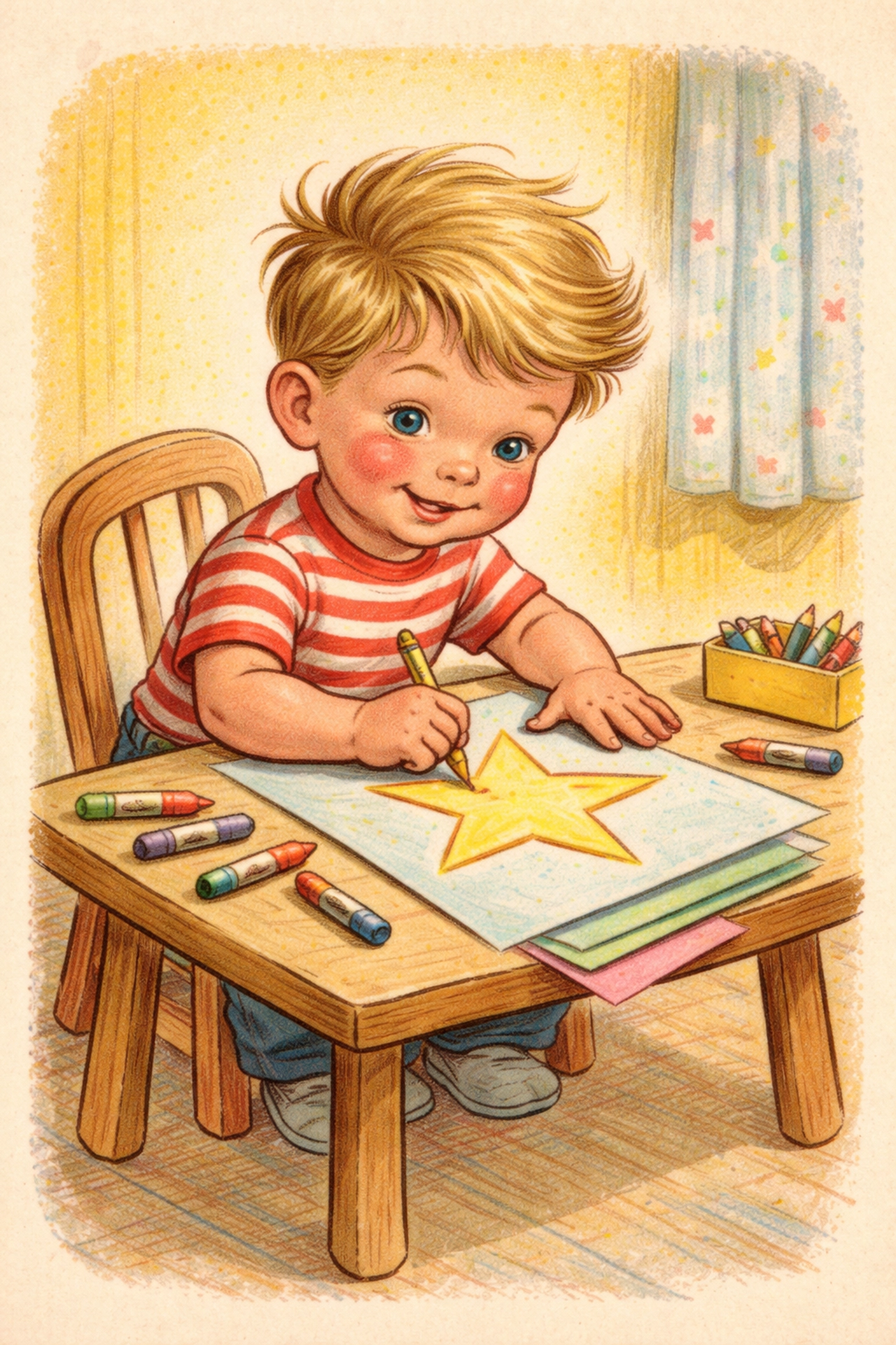 Child drawing a star shape on colorful paper, preparing a fun DIY lacing card craft at home