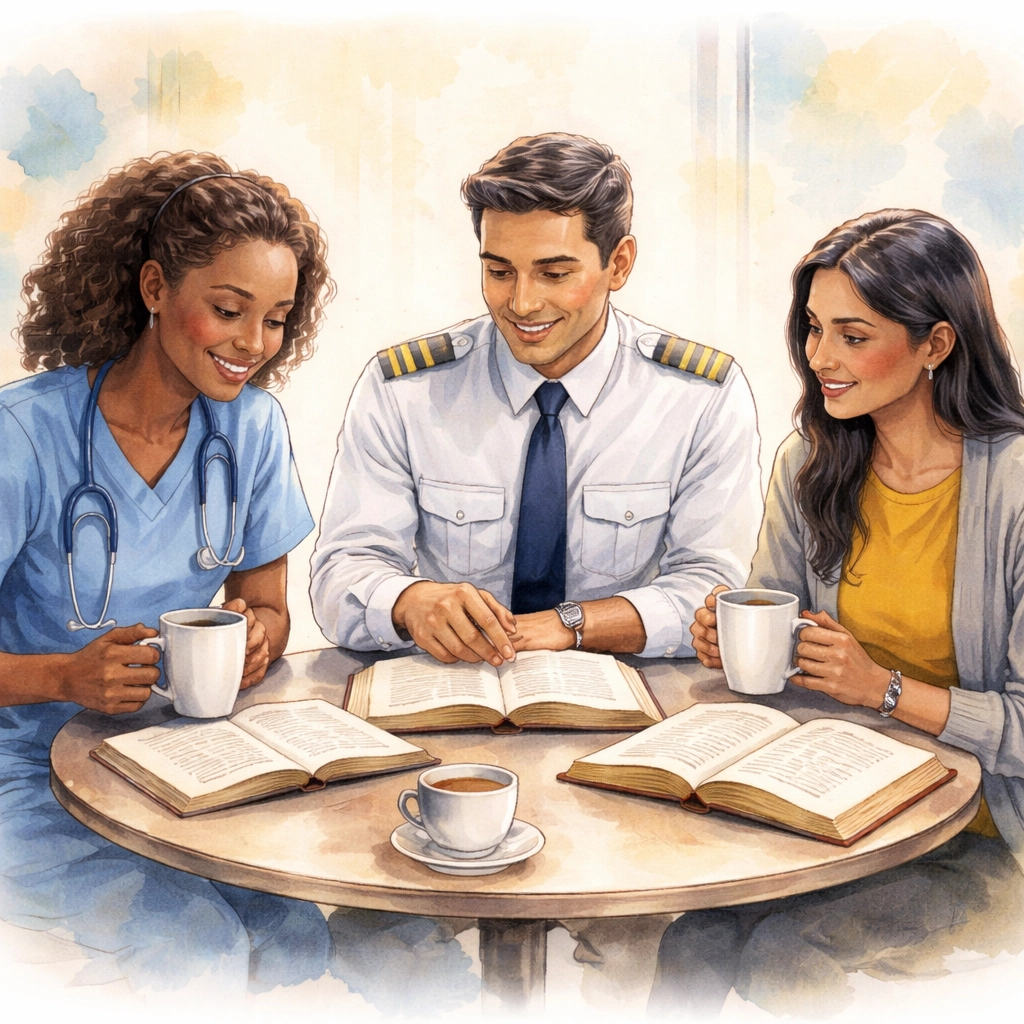 Diverse professionals studying the Bible together at work, illustrating faith in everyday careers.