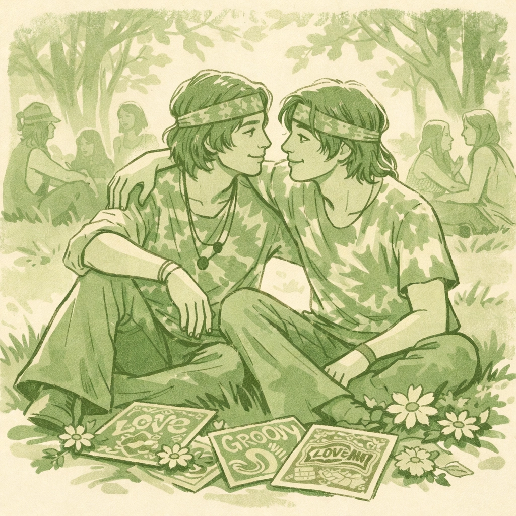 Two men share tender moment at 1967 Summer of Love in Golden Gate Park, San Francisco gay romance
