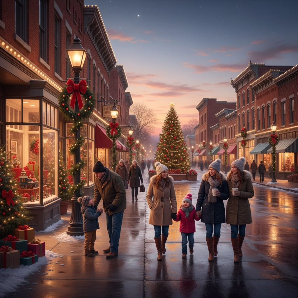 Moorestown Main Street decorated with twinkling lights for the holidays Moorestown Main Street decorated with twinkling lights for the holidays