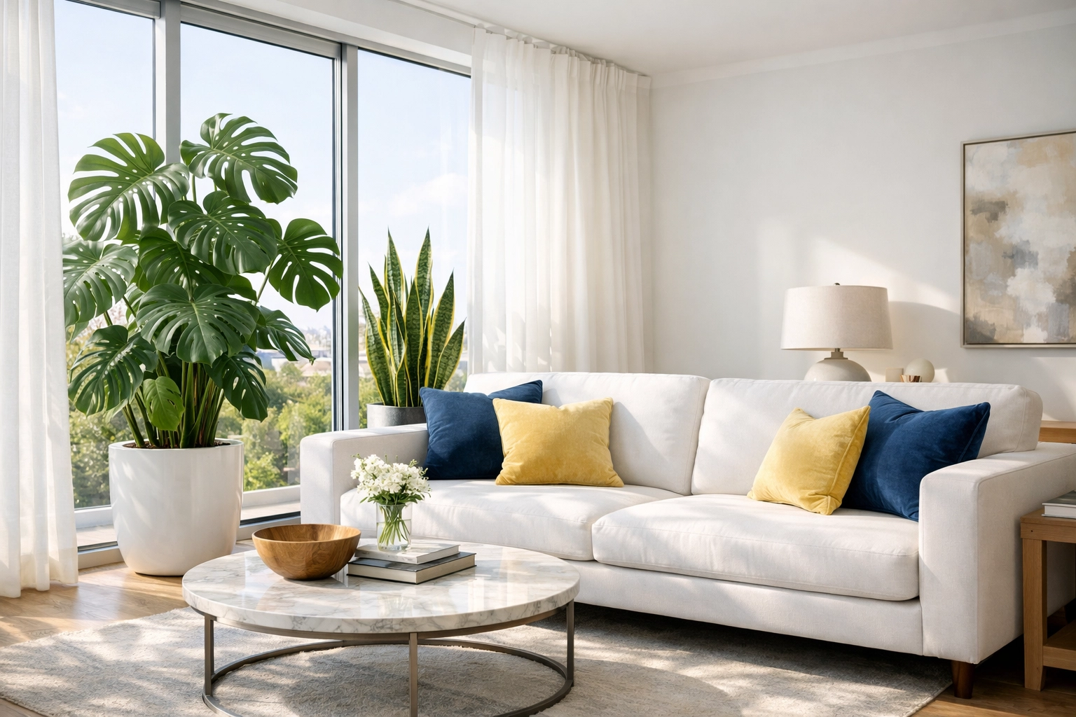 Modern living room with indoor plants like Monstera and Snake Plants naturally purifying the air.
