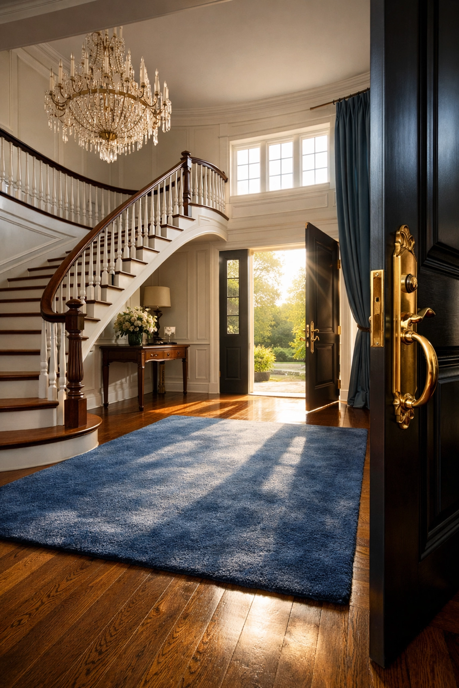 A sunlit grand entryway in a Massachusetts estate perfectly maintained by professional cleaners MA.