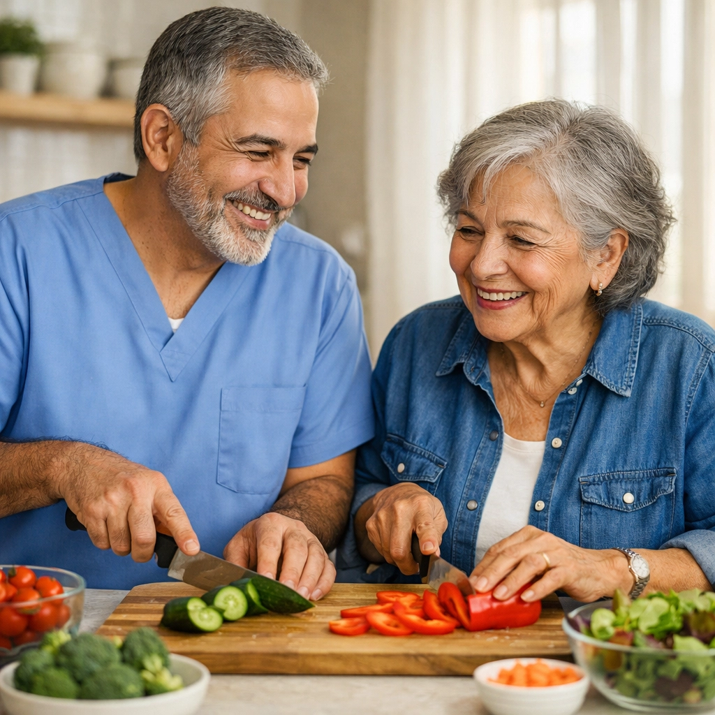 Caregiver preparing healthy meal with senior showcasing companion care services in Warrenton