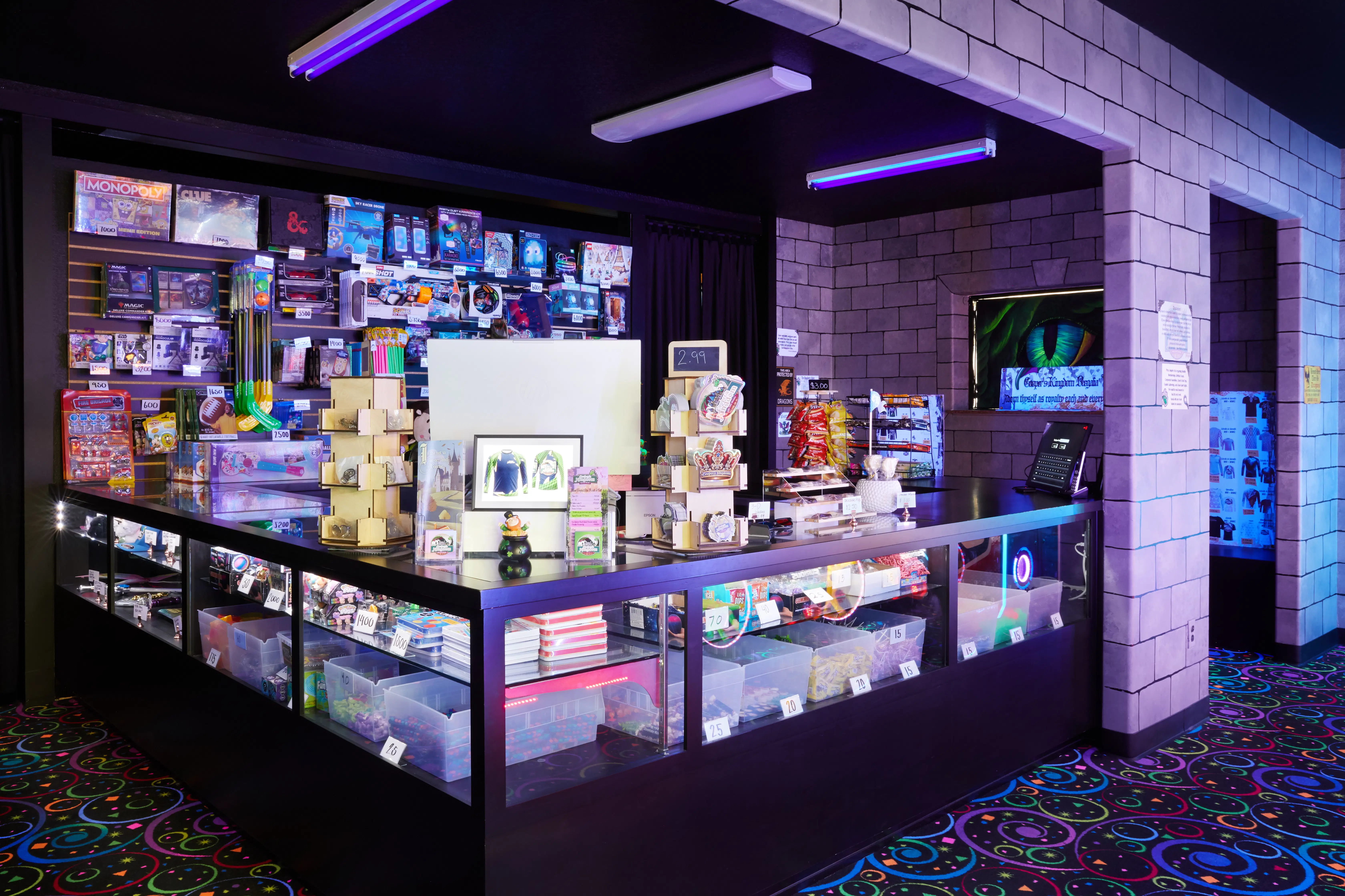 Redemption prize counter at Cooper’s Kingdom—tickets traded for treasures at the kingdom’s prize counter.