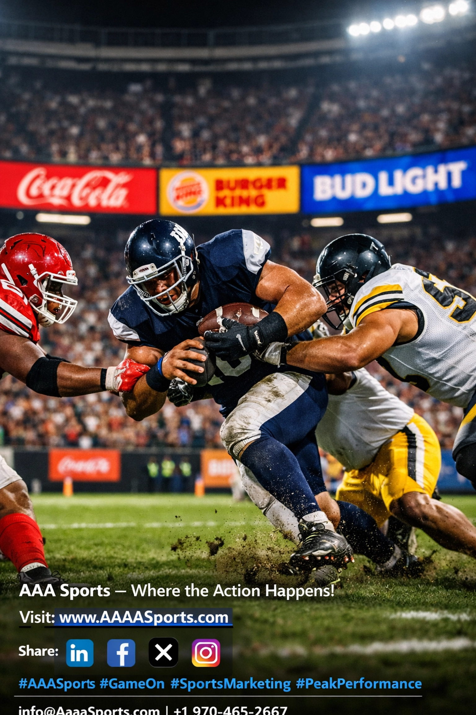 Field-level Super Bowl action with digital advertising boards visible throughout packed stadium seating