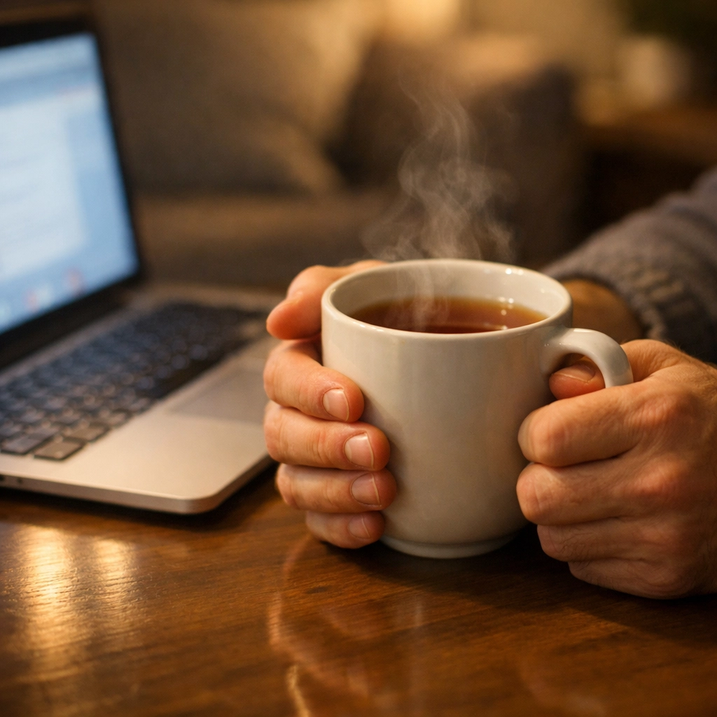 Férfi laptop előtt, a diszkrét online tanácsadás és a merevedési zavar kezelésének kényelmét sugallva.