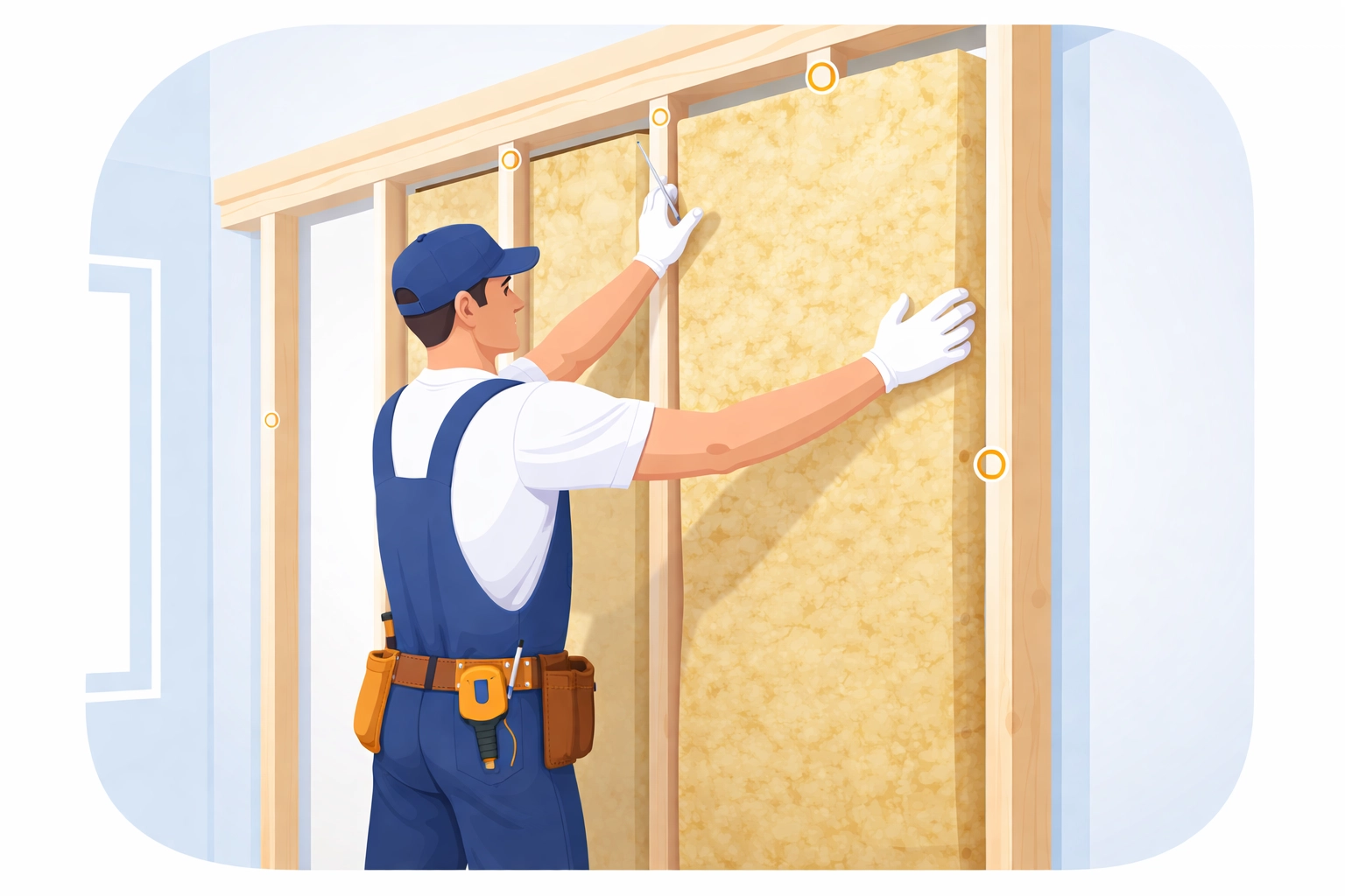 Installer fitting insulation precisely between timber frame studs, demonstrating proper technique for energy saving in 2026.