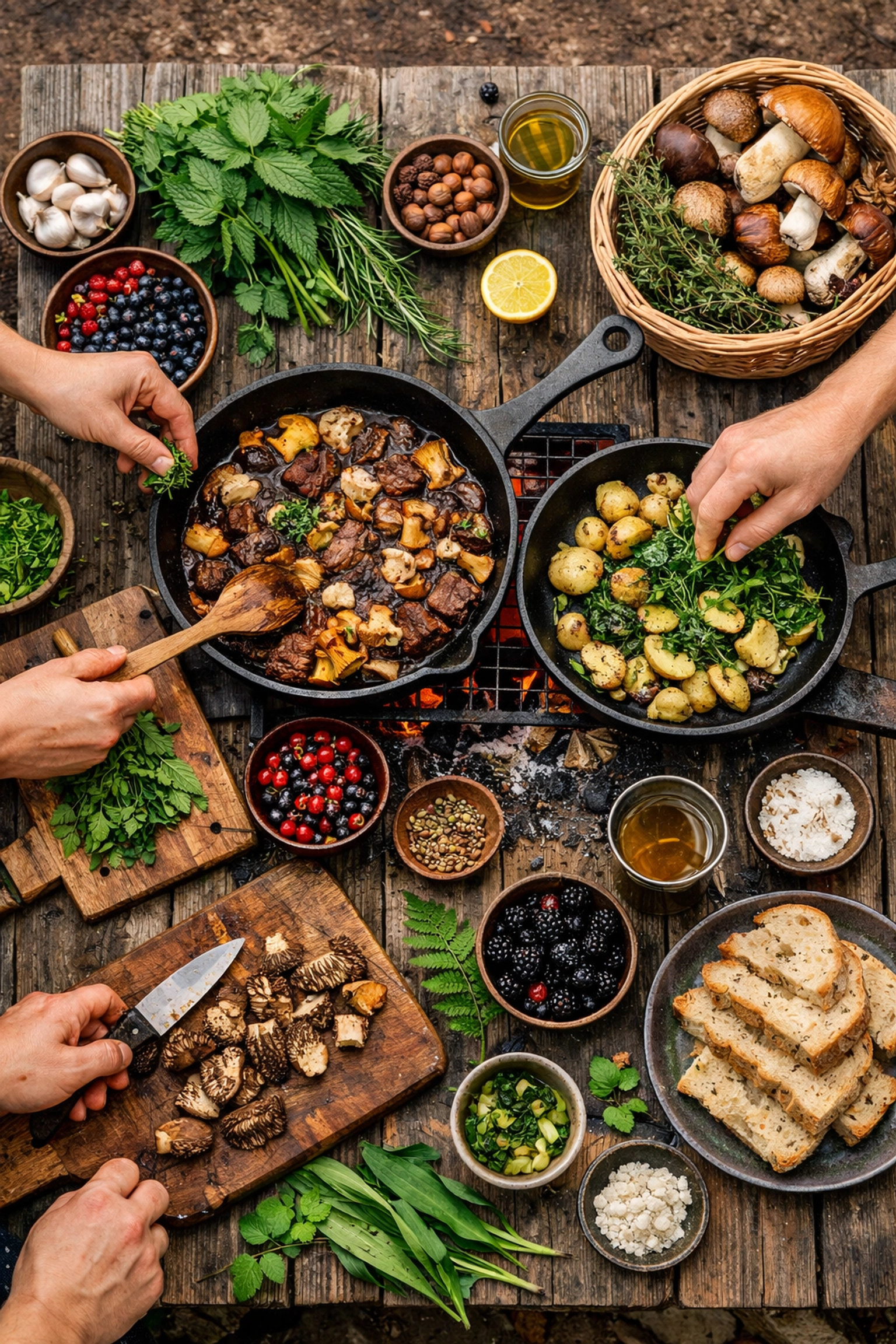 Hands preparing foraged meal outdoors during collaborative team building cooking activity