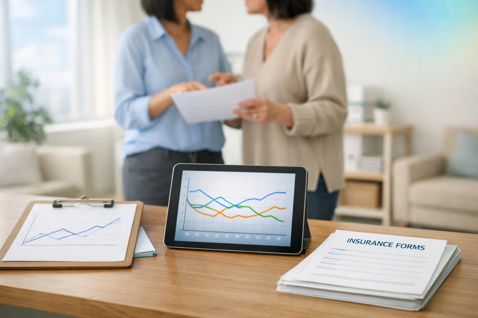 Sustainable behavioral health business model showing value-based care data in a modern clinic.