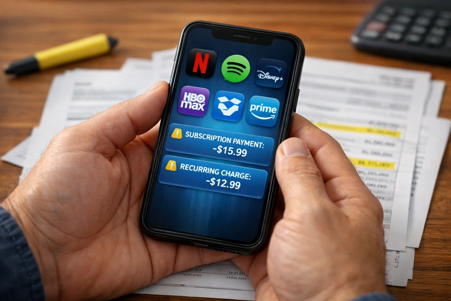 Business owner reviewing subscription expenses and bank statements to reduce costs