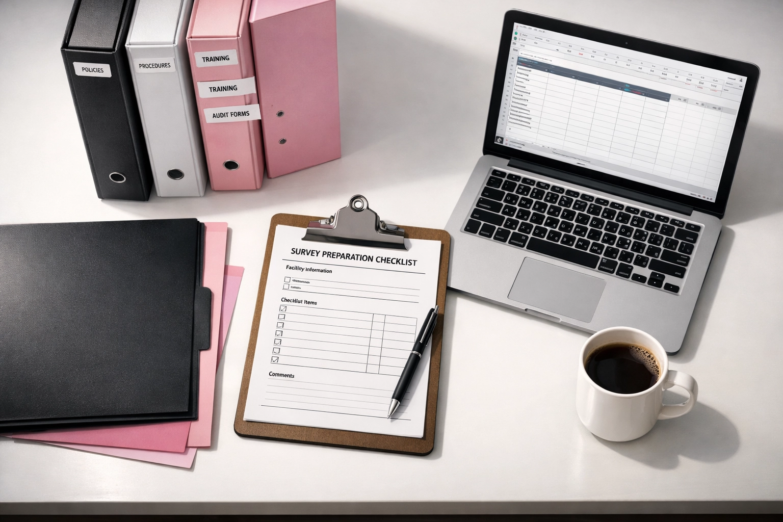 Organized nursing station desk with survey documentation and preparation materials