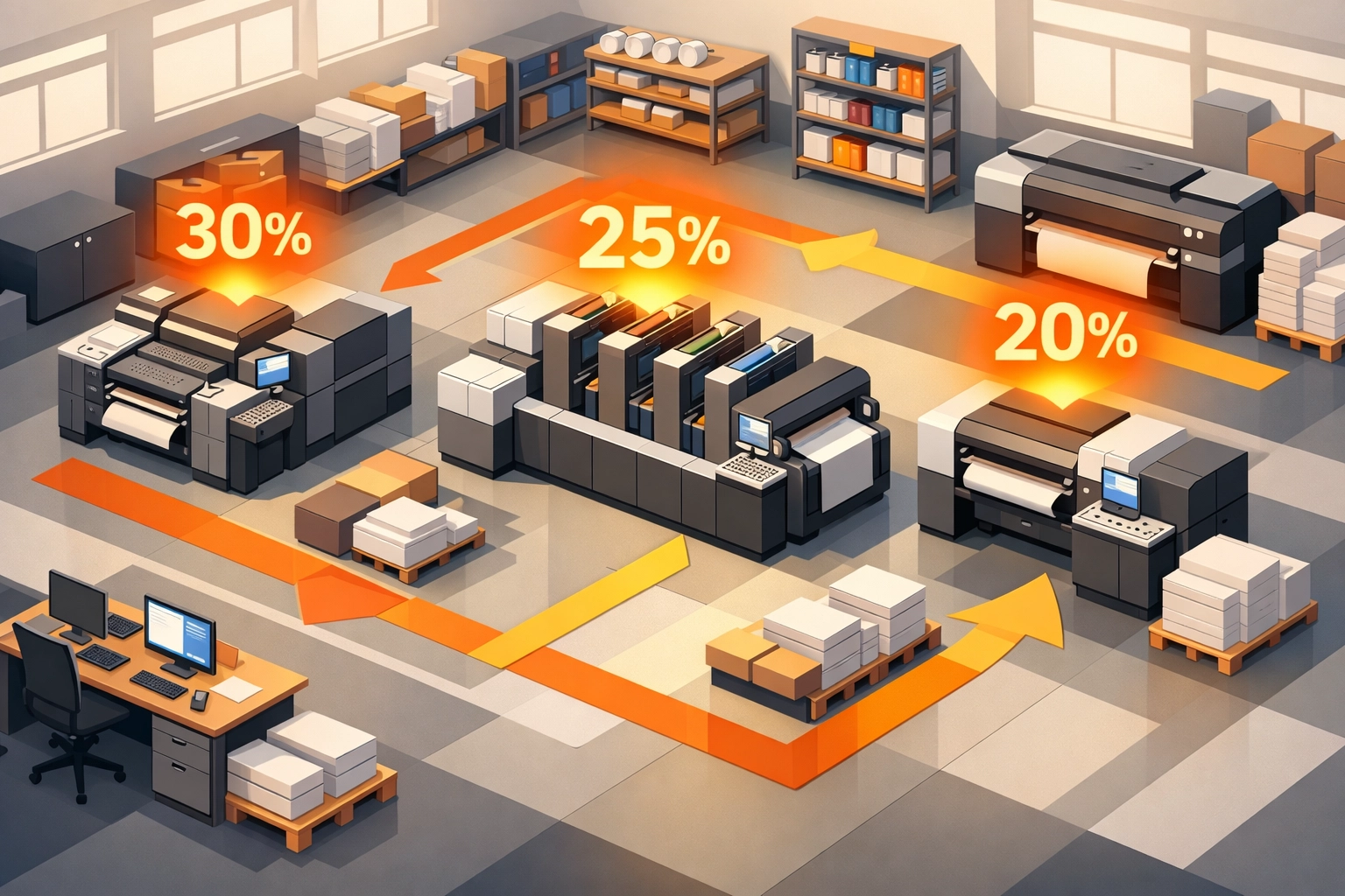 Print shop equipment layout showing ROI percentages and workflow optimization
